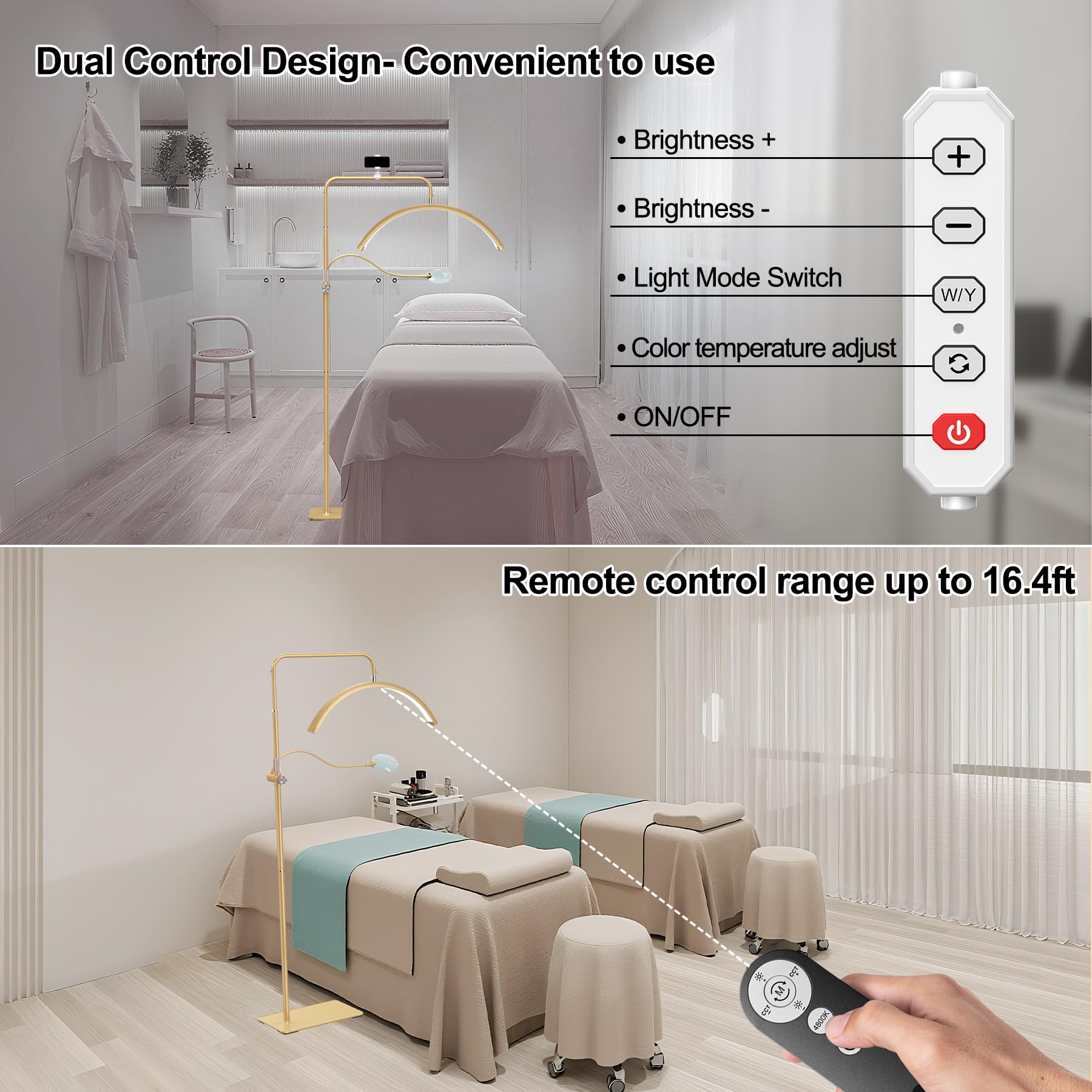AURELLE Halbmond-Wimpern-Licht – verstellbare LED-Boden-Lampe mit 4-facher Lupe und Handy-Halterung für Wimpernverlängerungen, Nagelkunst, Tattoos, Hautpflege, Salon, SPA, dimmbare Helligkeit