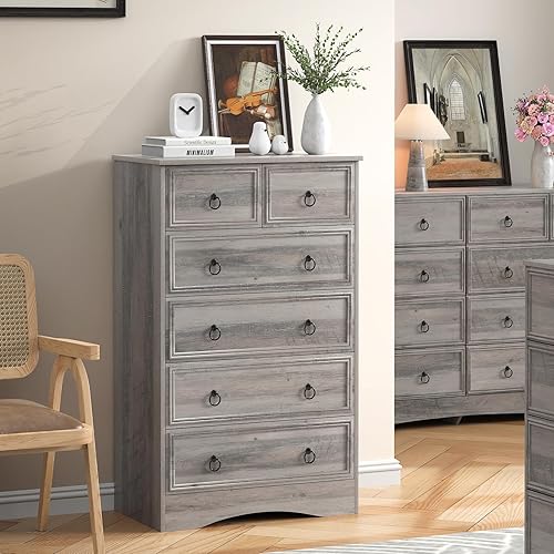 Miniatura 2 de Cómoda gris alta para dormitorio, 6 cajones de madera, cómoda de 6 cajones, almacenamiento para ropa, cajones estrechos grandes, vintage, para sala