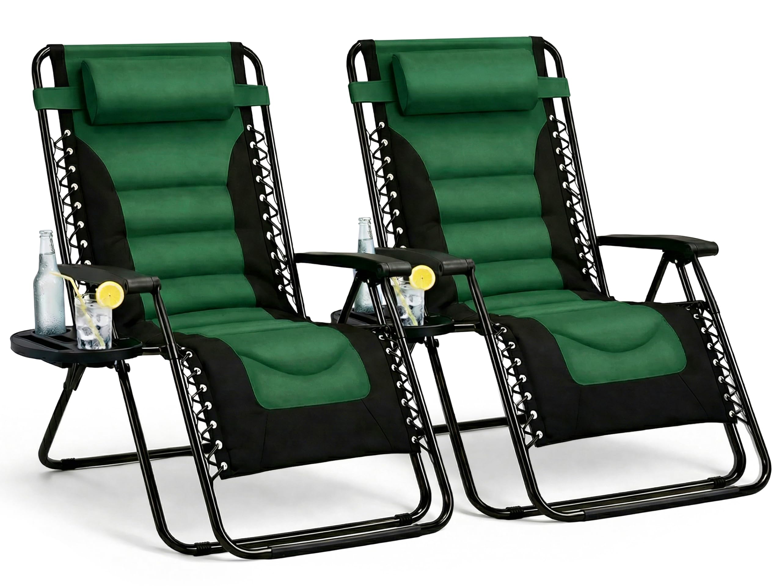 Straame XXL Padded Zero Gravity Chairs Set of 2, Folding Reclining Garden Chairs, Camping Chair Sun Loungers, Lockable 160° Patio Recliners with Adjustable Headrest, Steel Frame, Green