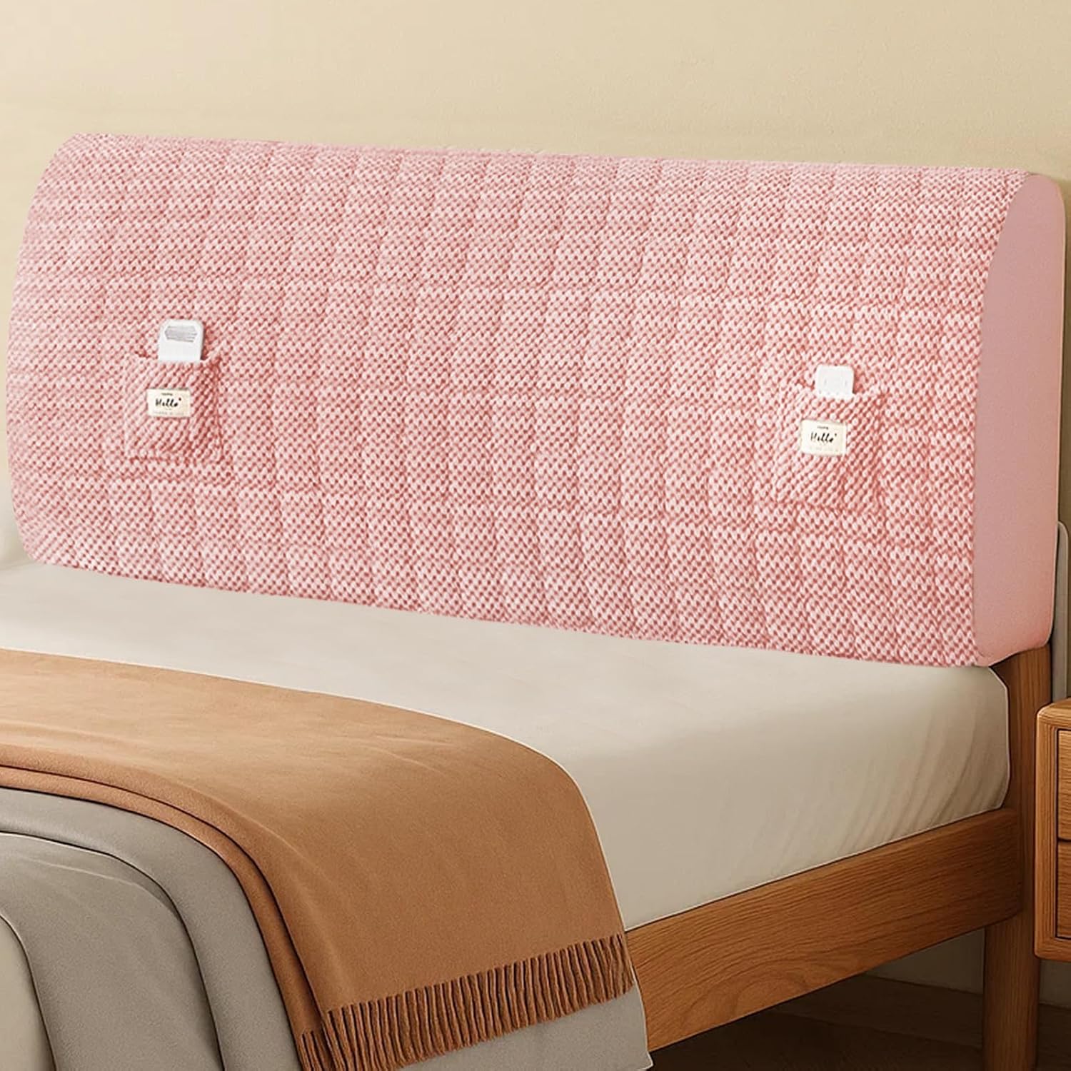 Headboard Cover for Queen King Size Dustproof Elastic Bed Headboard Slipcover with Two Storage Pockets for Bedroom Decoration, Pink, 70 in