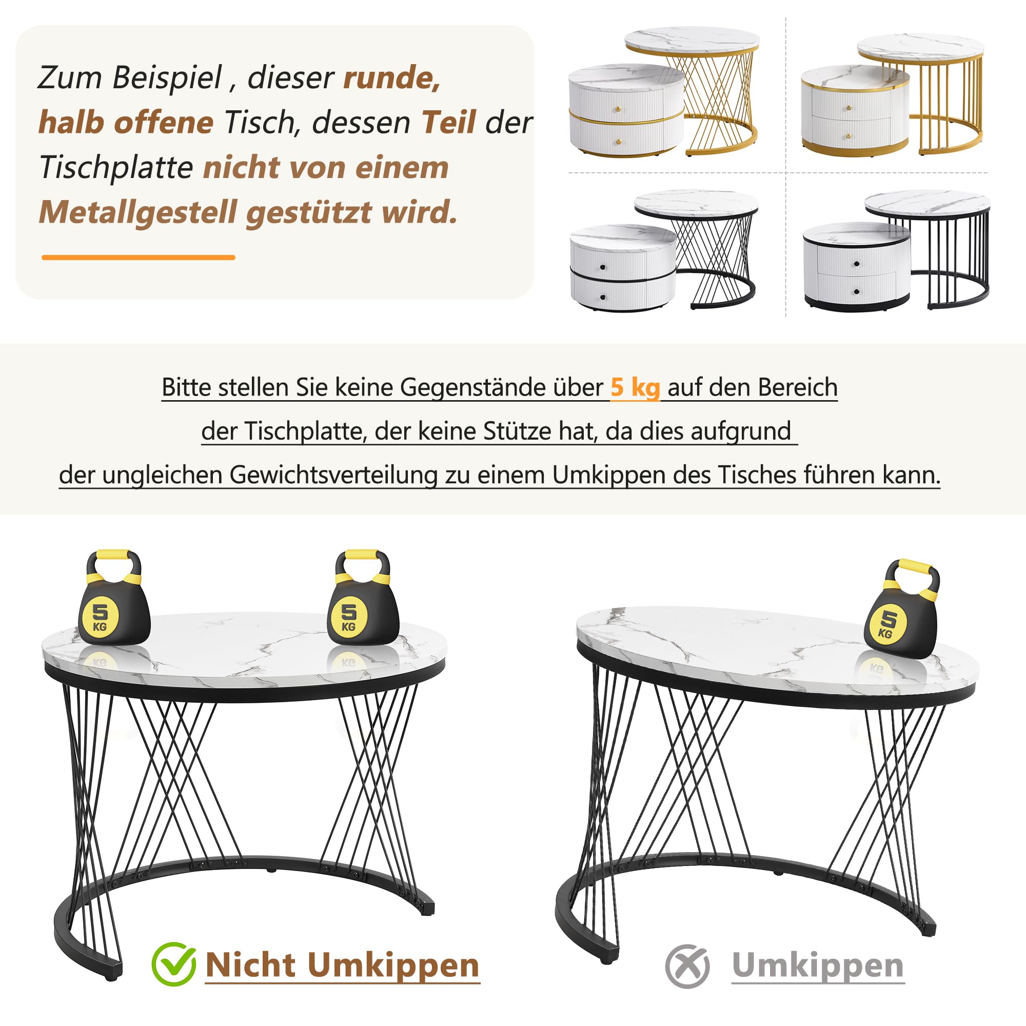 Juego de mesa de centro blanca en forma de nido, 60 x 60 x 45,5 cm y 50 x 50 x 32 cm, mesas redondas con aspecto de mármol brillante, 2 cajones, soporta hasta 30 kg, mesa de centro de combinación nido