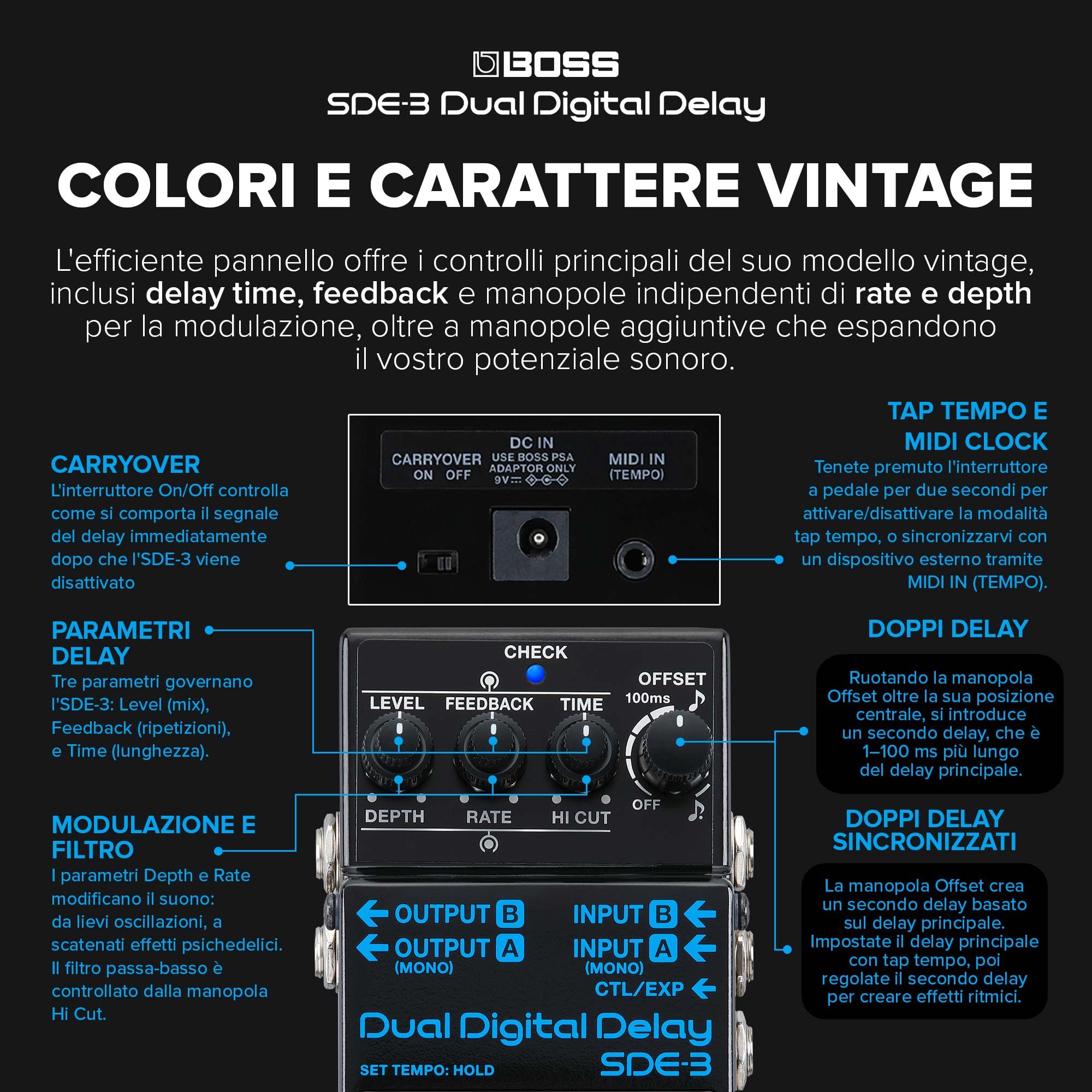 BOSS SDE-3 Pedale Dual Digital Delay | Il Vero Suono del Leggendario Roland SDE-300 | Pedale Compatto | Funzionalità Moderne e Versatili | Tempi di Delay Più Lunghi, fino a 1600msec