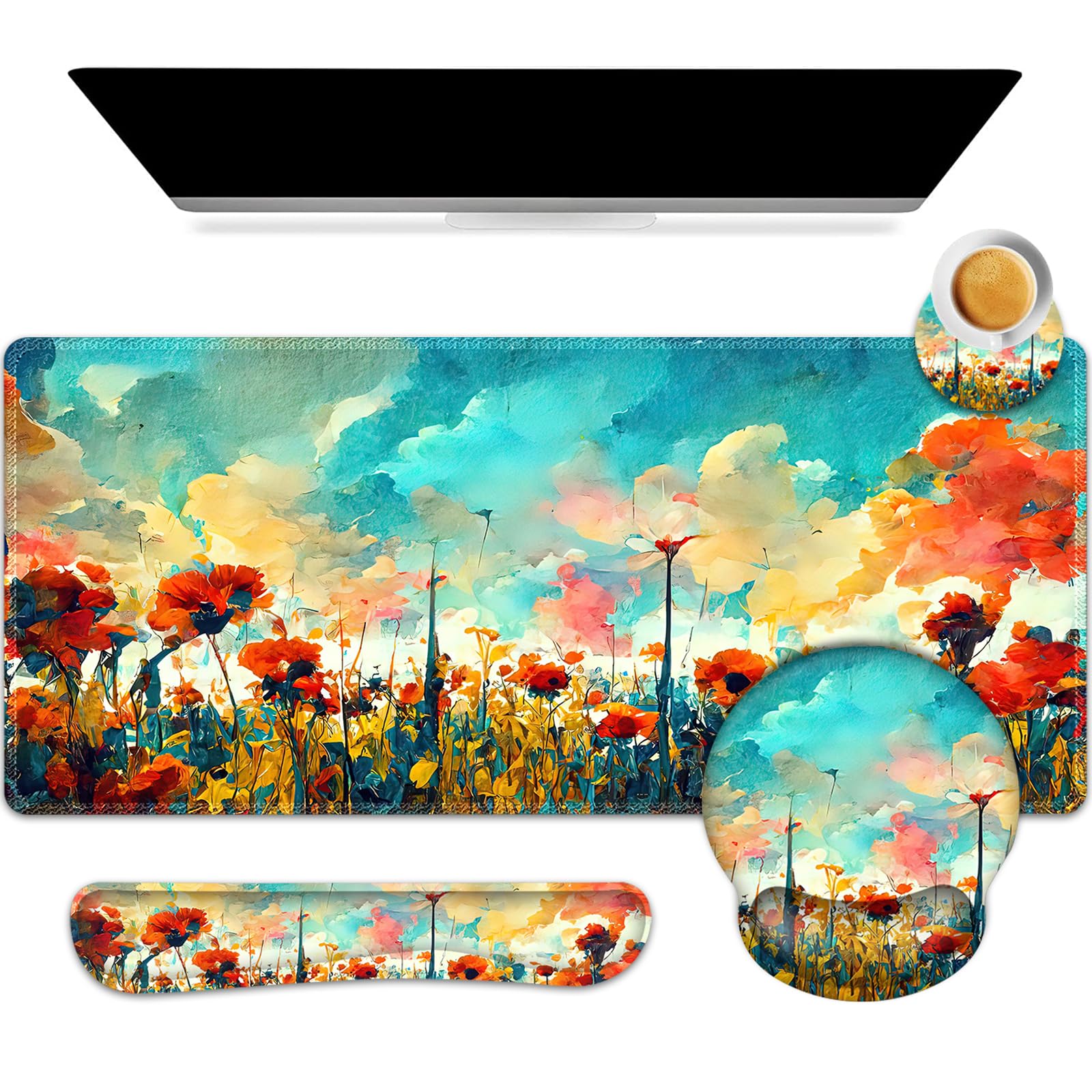 ARTSO Desk Mat, Large Gaming Mouse Pad Wrist Support Set, Ergonomic Keyboard Wrist Rest Desk Pad with Coaster Combo, Extended Mousepad with Non-Slip for Home Office, Oil Painting Flowers Plants