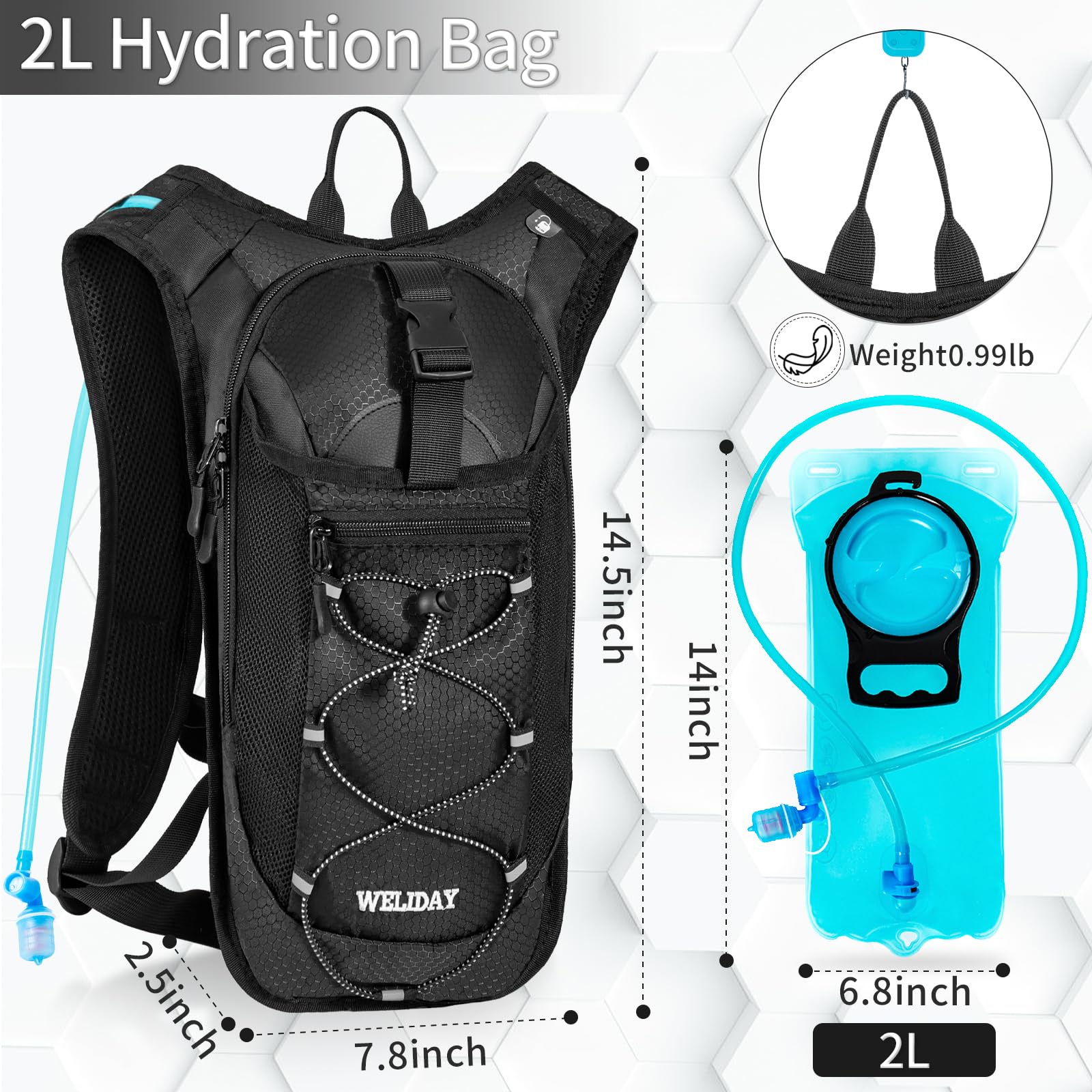 Sac à dos d'hydratation avec poche à eau de 2 L, sac léger pour cyclisme, course, randonnée, escalade