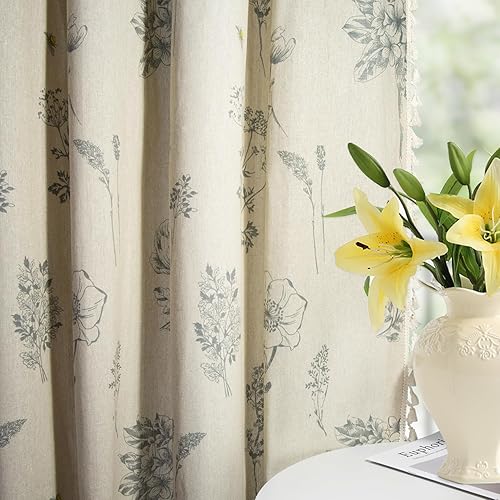Farmhouse Linen Curtains for Living Room 63 Inch Length Floral Patterned Grommet Curtains Boho Light Filtering Window Curtains 2 Panels Set for Bedroom Dining Room Kitchen Decor