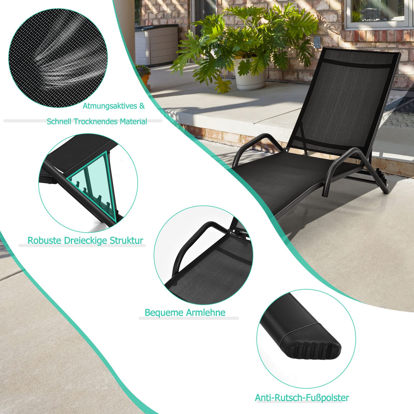 COSTWAY 2er Set Sonnenliege, Gartenliege mit 5-Fach Verstellbarer Rückenlehne, Liegestuhl bis 160 kg belastbar, Relaxliege für Garten, Balkon, Terrasse, 184,5 x 62 x 71 cm (Schwarz)