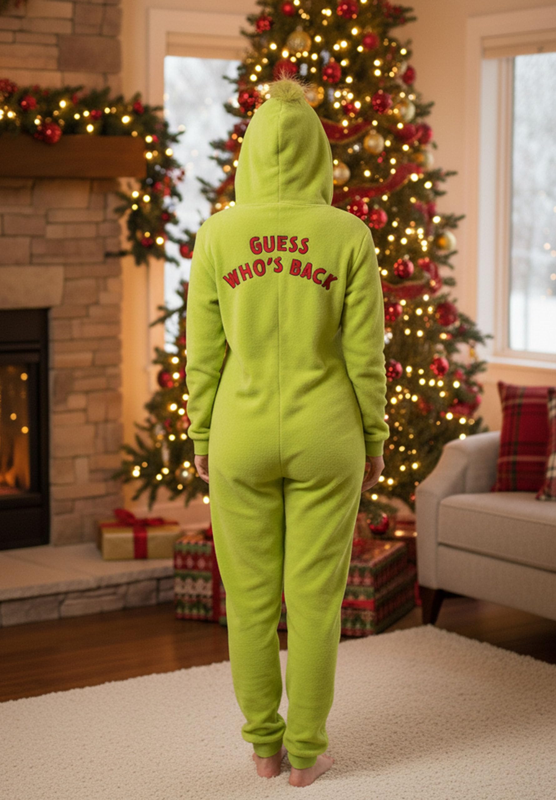 Grinch POLAROWA piżama JEDNOCZĘŚCIOWA zapinana na zamek, damskie CIEPŁE onesie z kapturem