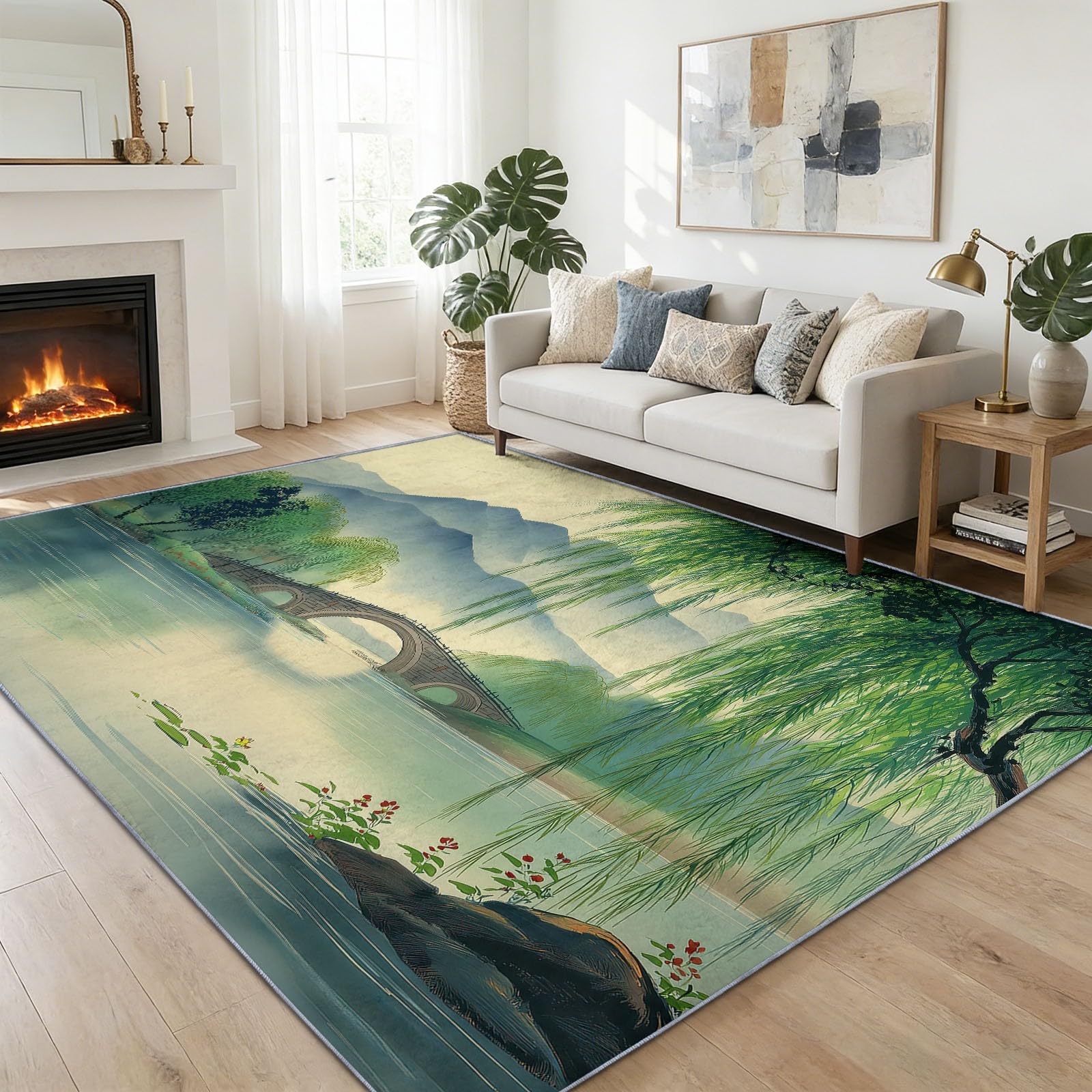 Tapis salon lavable pour éliminer les taches facilement motif pont en pierre flanelle