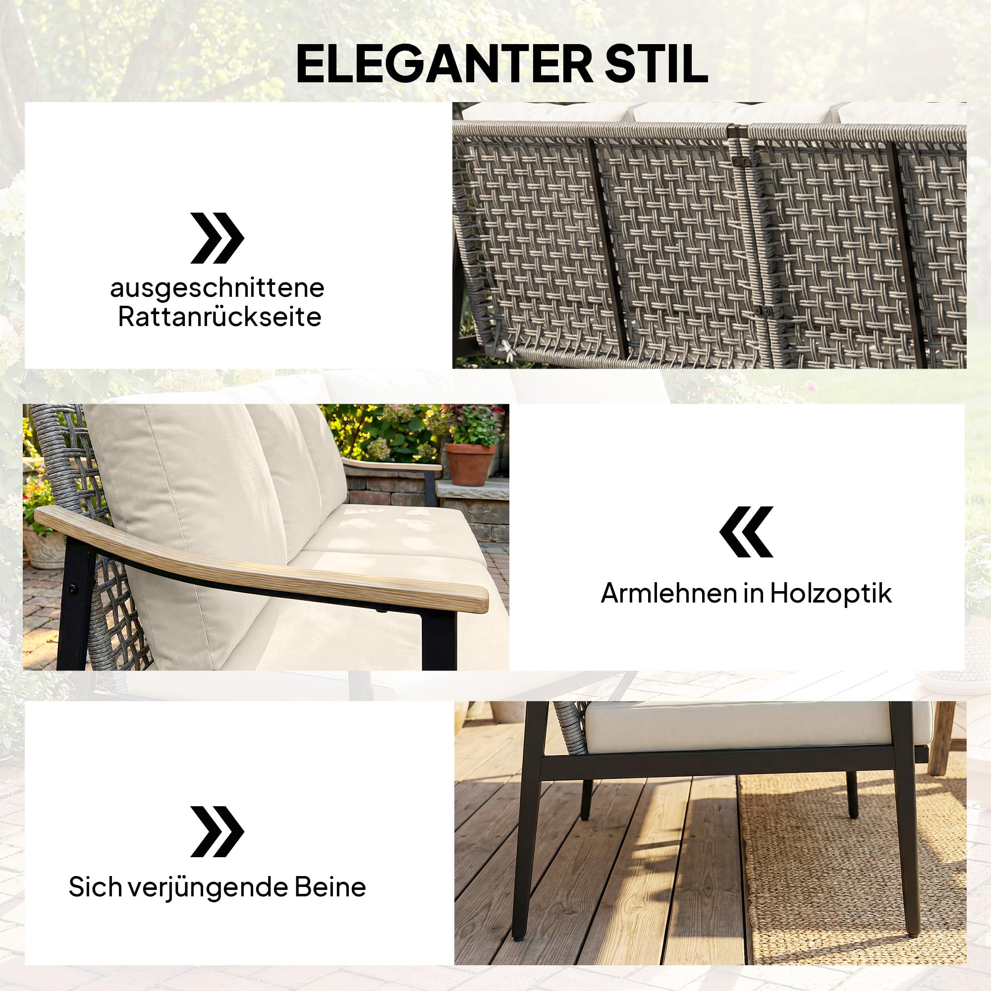 Outsunny Gartensofa 3-Sitzer Rattan Loungesofa mit abnehmbar Kissen Holzoptik-Armlehnen Stahlrahmen wetterfest Gartenbank Outdoor Sitzbank Gartenmöbel für Garten Terrasse Khaki