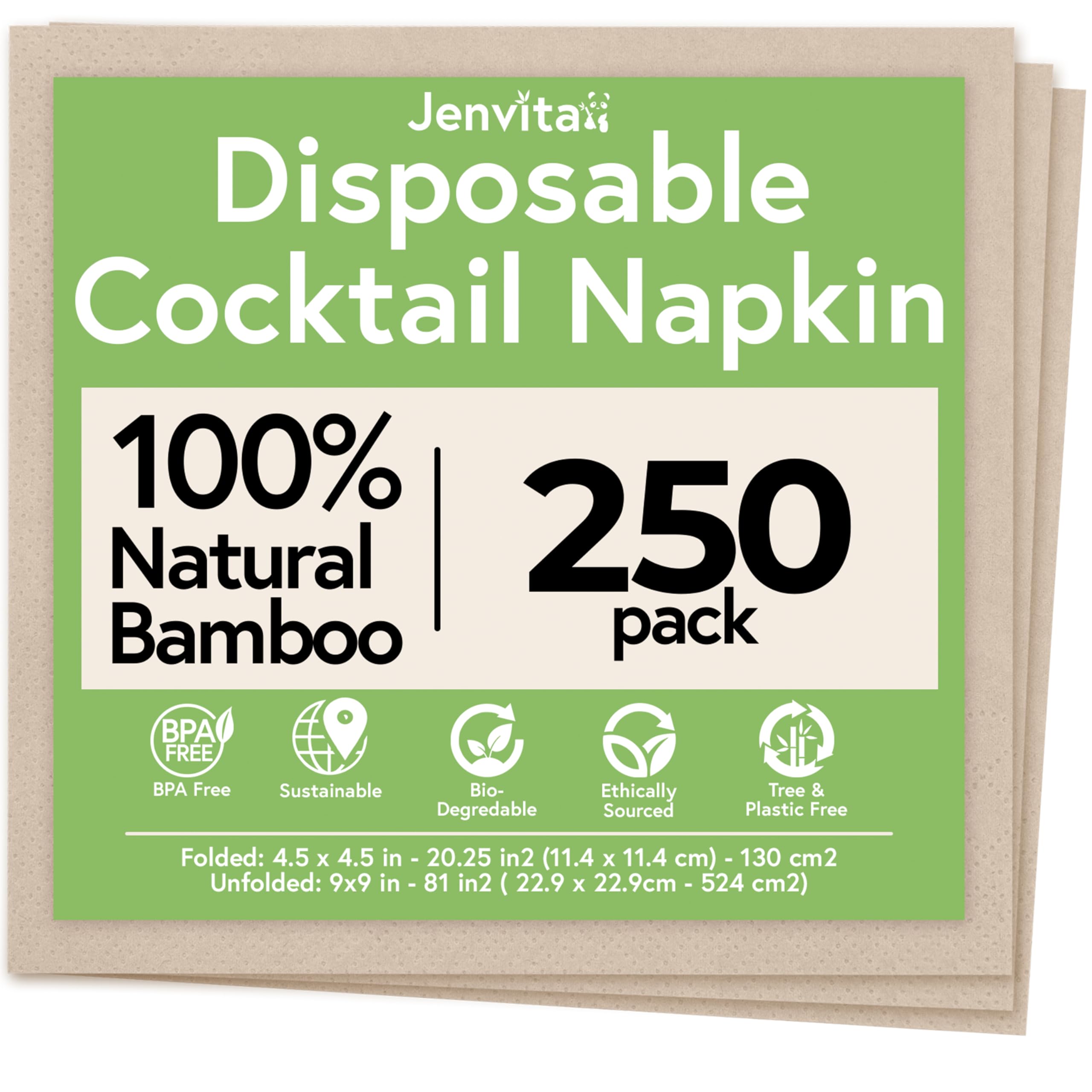 Ibambo 100% Bamboo Wedding Cocktail Napkins Disposable (250 Pack) | 2-Ply FSC Certified | Compostable Bar Napkins for Party, Home or Commercial Use | 4.5 x 4.5 Inch Folded | Ideal for Serving Drinks
