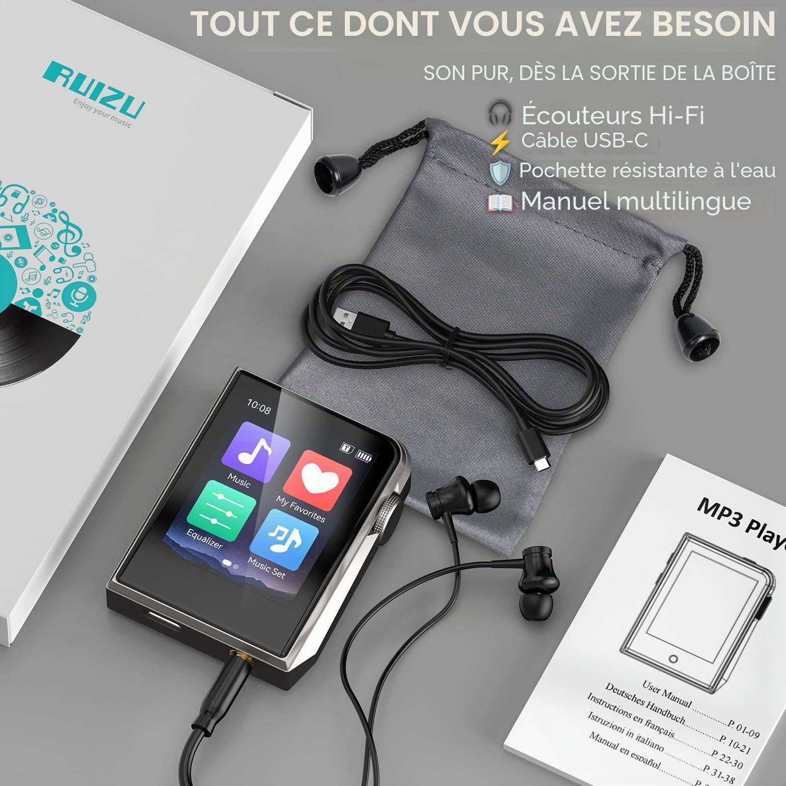 64GB HiFi Lecteur MP3, DAC DSD Portable Music Player, Écran Tactile 2 Pouces, Fonction de Reprise, Boîtier en Aluminium CNC, Expansion microSD 128GB