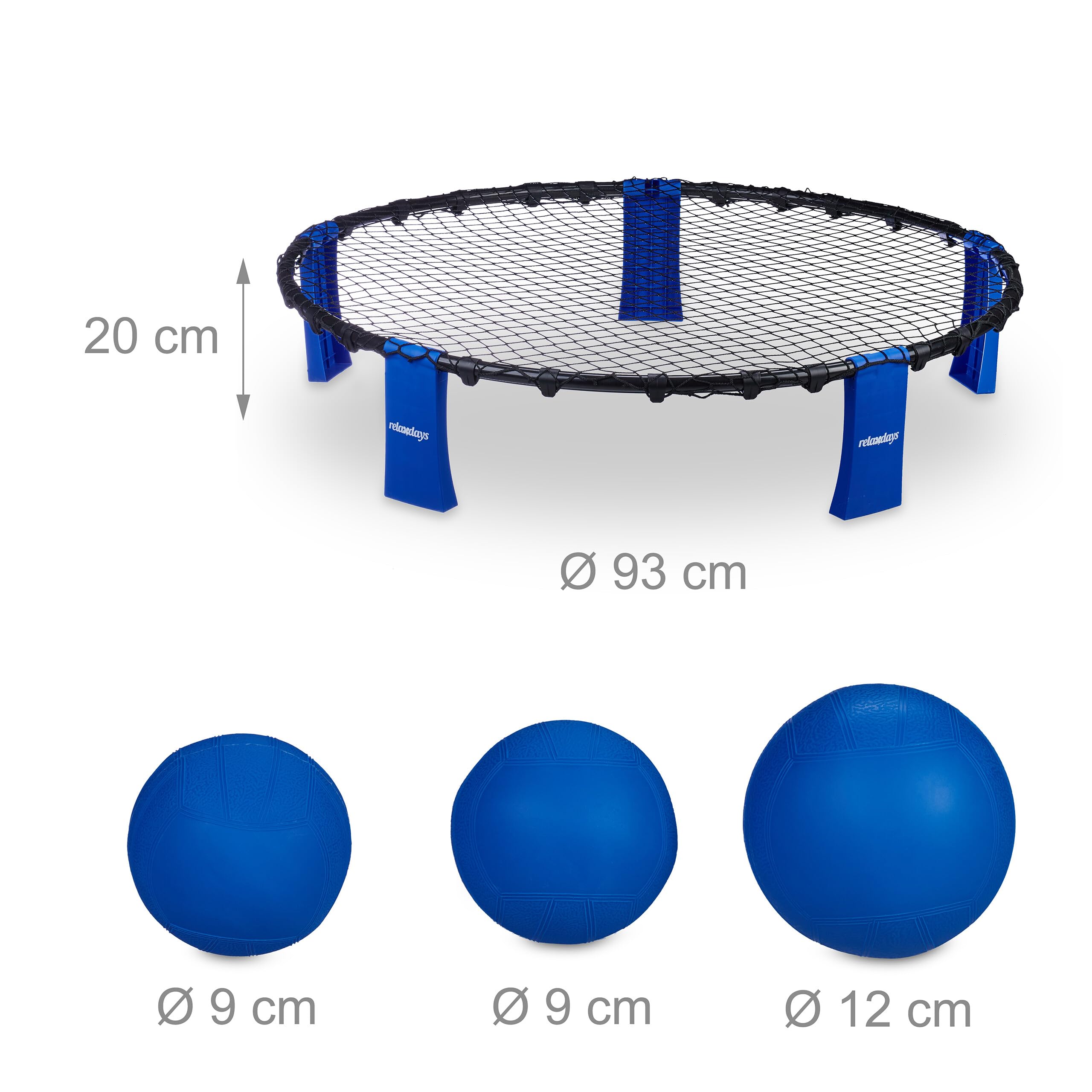 Relaxdays Kit de roundnet Complet, 3 Balles, Pompe, Filet, Sac de Rangement, Jeu d'extérieur, Noir/Bleu