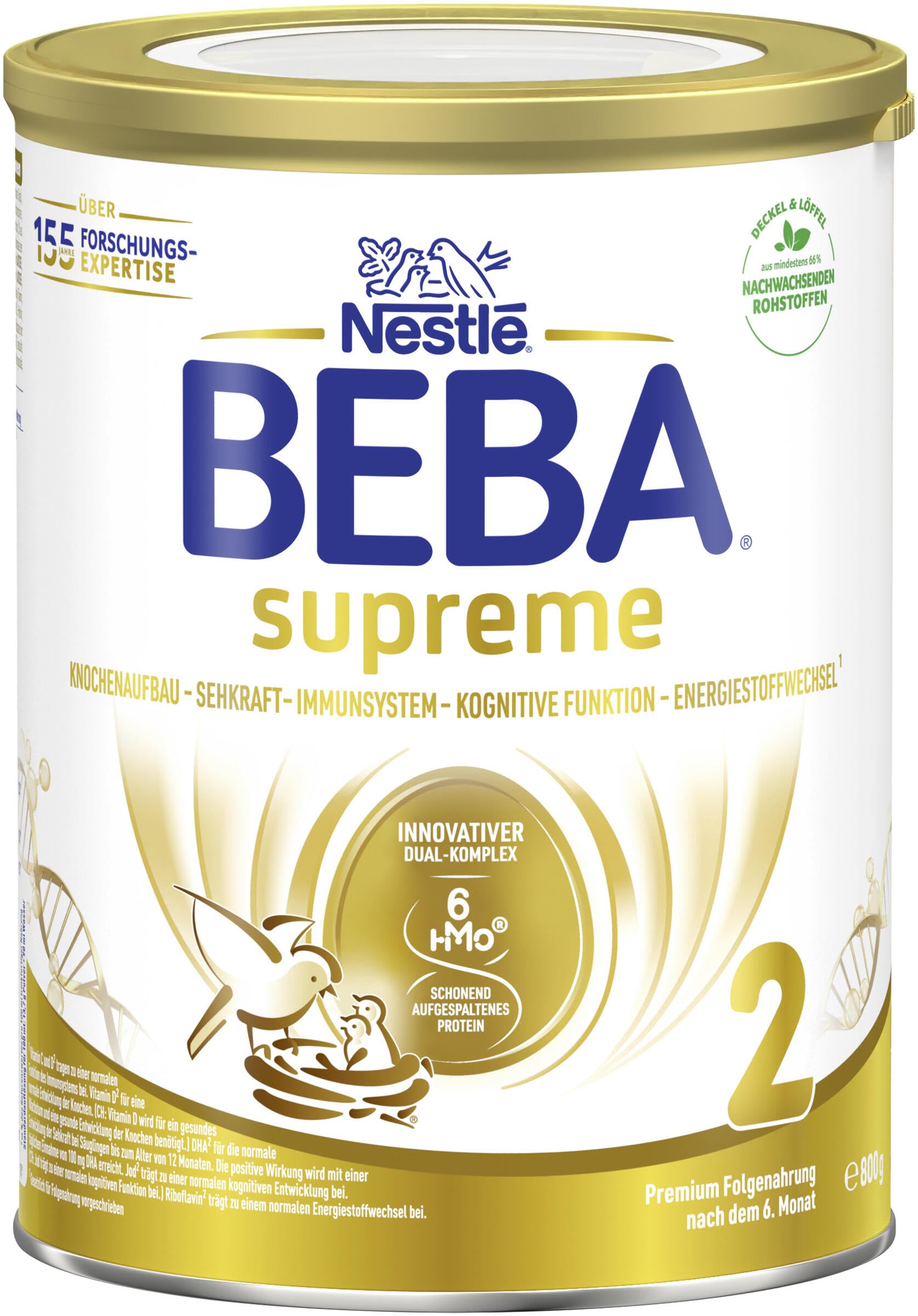 BEBA SUPREME 2 - Folgemilch nach dem 6. Monat, Mit 6 HMO Komplex, Patentiertes Produkt, Nur Laktose, Ohne Palmöl, Ohne Fischöl, Babynahrung, Baby-Milchpulver, 6er Pack (6 x 800g)
