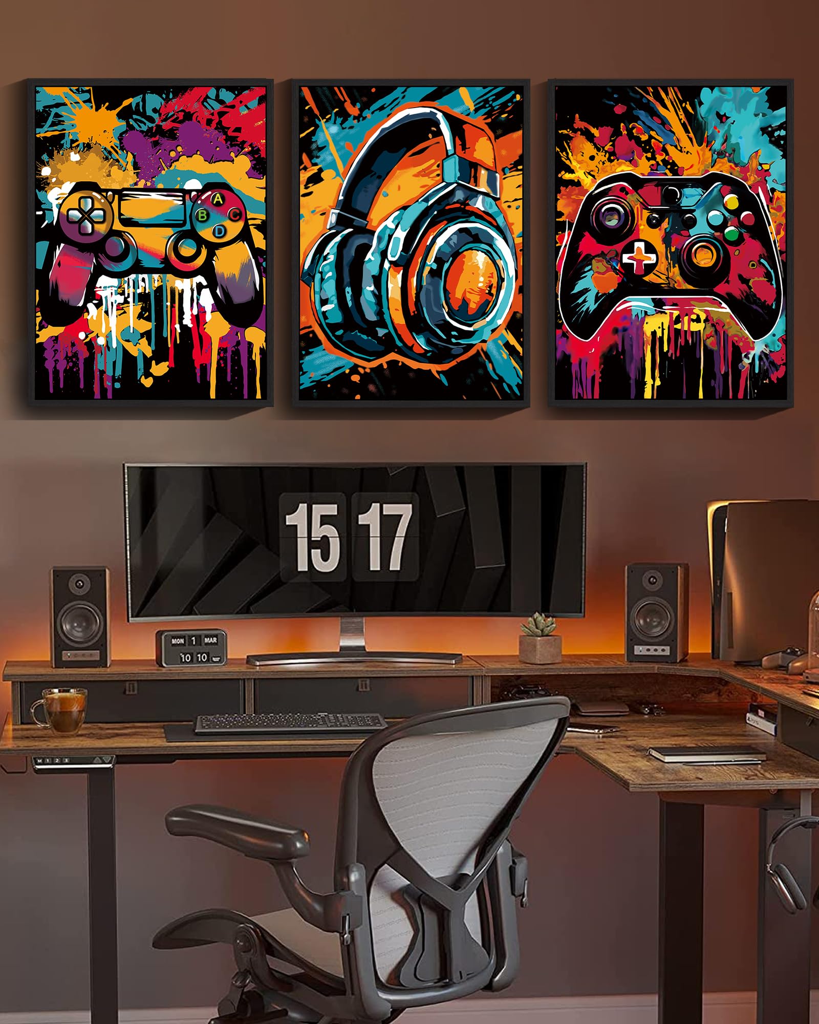 Set Di 3 Quadri Murali Da Gioco PHOPAGO, Stile Acquerello E Graffiti, Tema Videogame Retrò. Dimensioni 30,5x40,6 Cm Ciascuno. Perfetti Per Camerette E Sale Giochi.