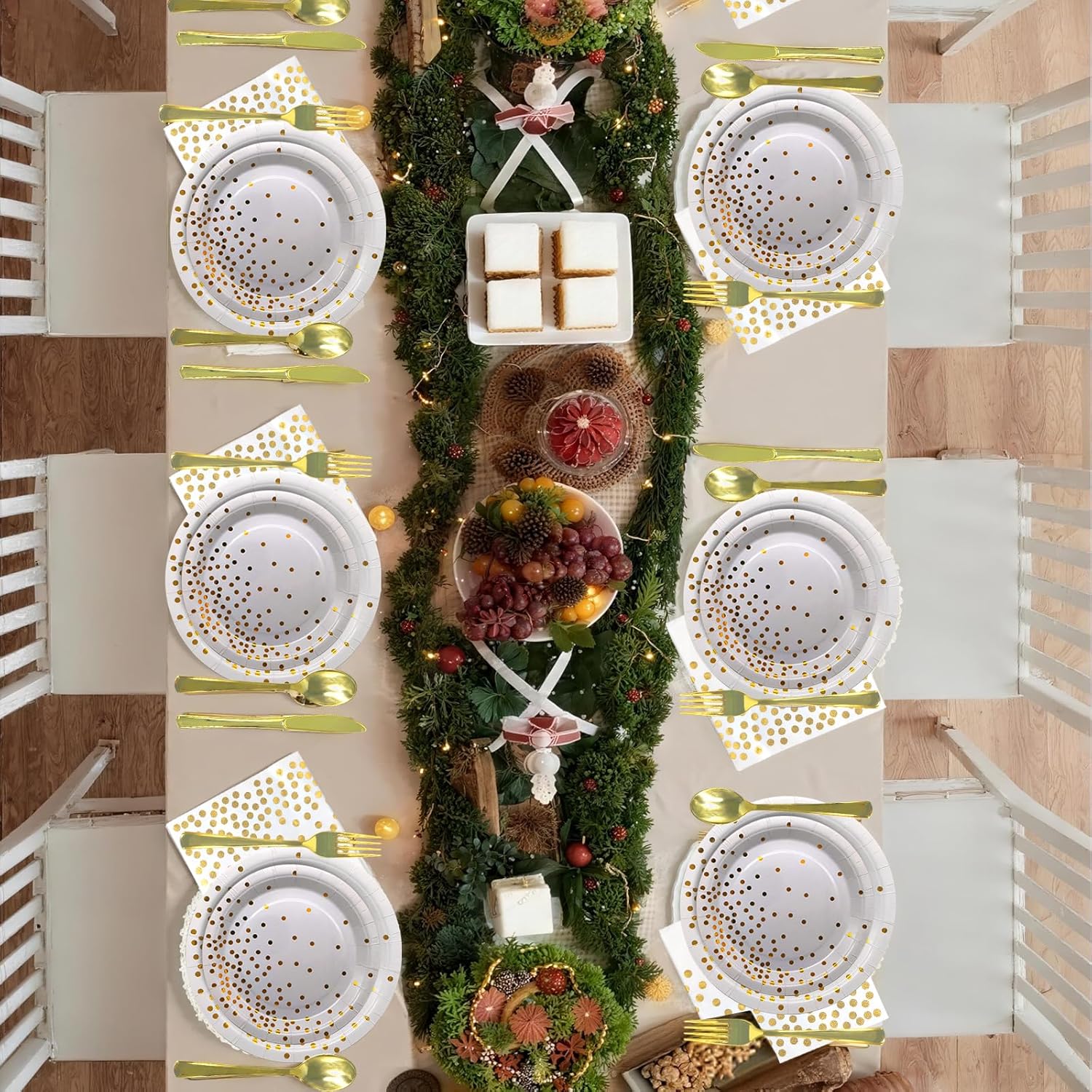 175 PCS White and Gold Paper Plates and Utensils Set Party for 25 Guests Disposable Party Decorations Golden Dinnerware Plates Cups Napkins Forks Knives Spoons for Wedding,Birthday and Party. - Image 6