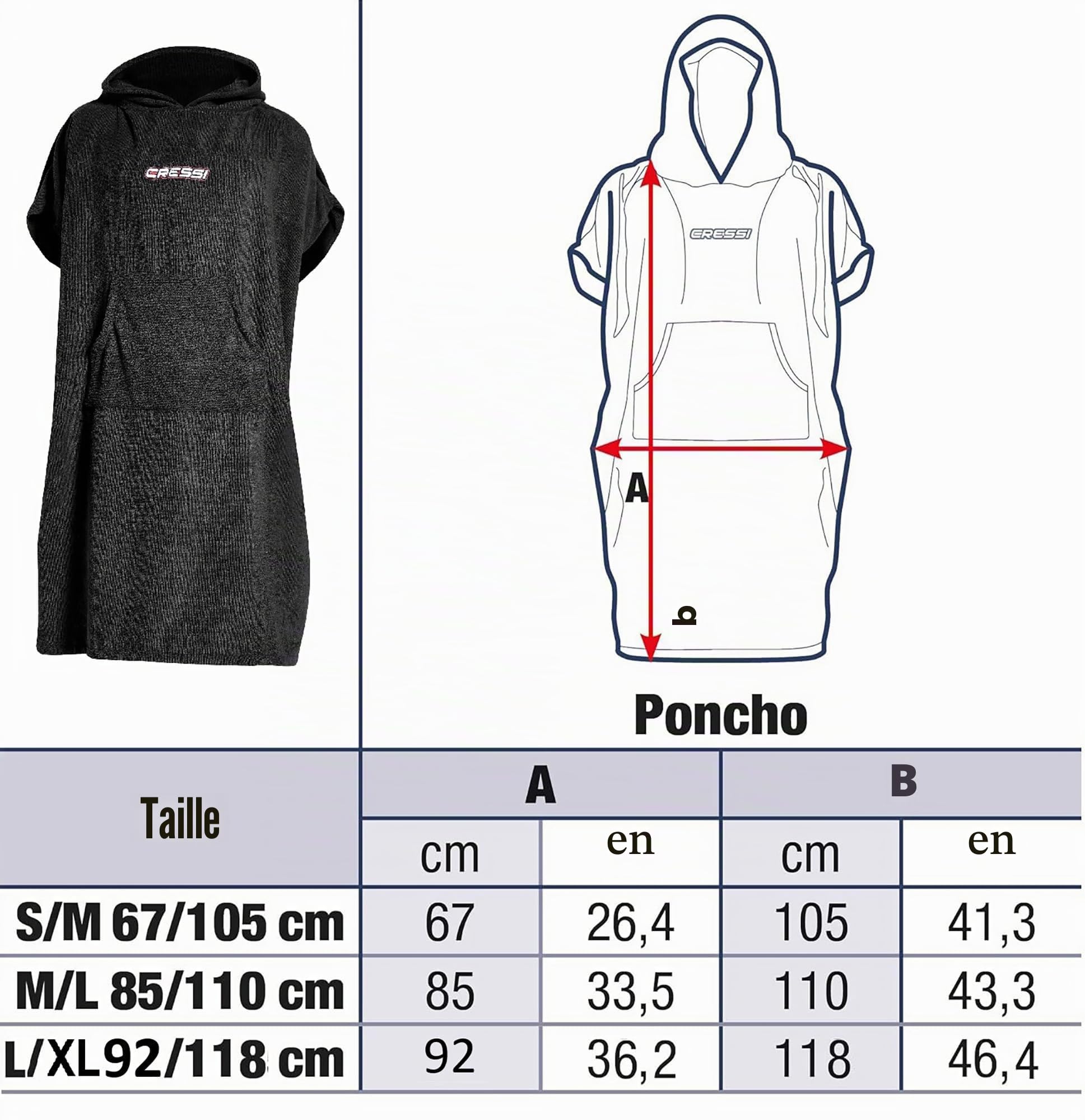Cressi Poncho Robe Black L/XL 92x118 cm - Peignoir Poncho de protection polyvalent, Noir, Unisex