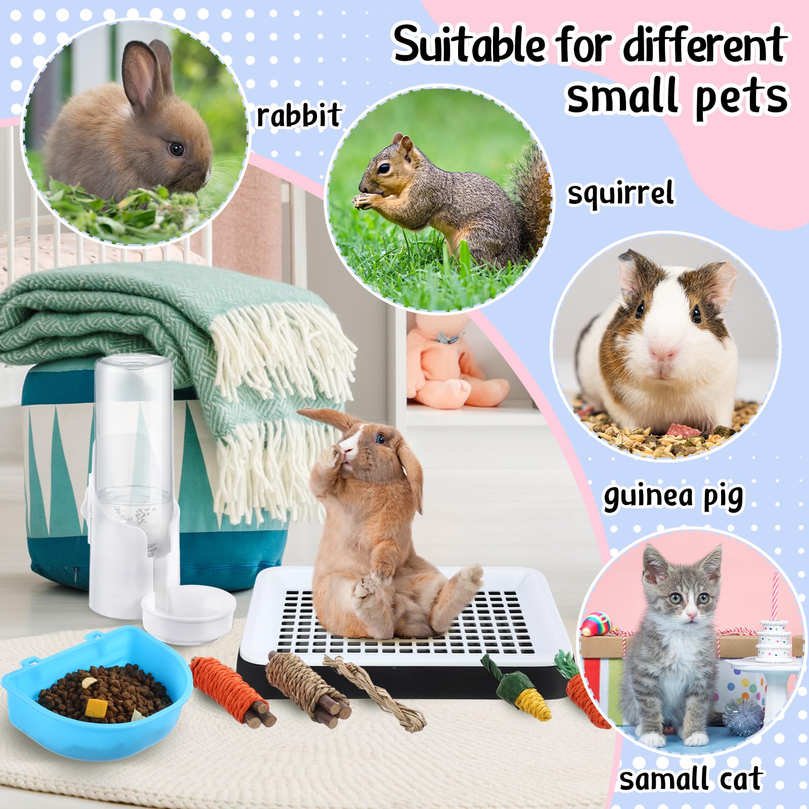 19 Pcs Rabbit Starter Kit Small Bunny Litter Box Rabbit Grooming Kit Water Bottle Bunny Toys Hay Feeder Bowl Blankets with Cleaning Set for Guinea Pig Accessories(Black,Cloud) - image 3