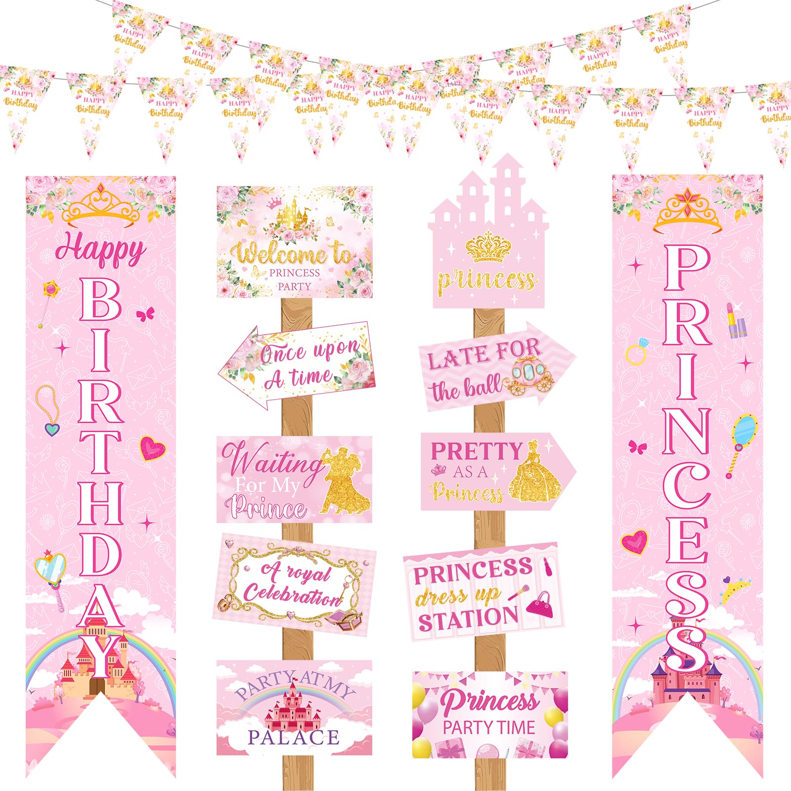 Photo 1 of 14 Pcs Princess Birthday Party Decorations Pink Princess Door Banner Triangle Flags Welcome Princess Yard Signs for Girls Castle Backdrop Photo Props Party Supplies