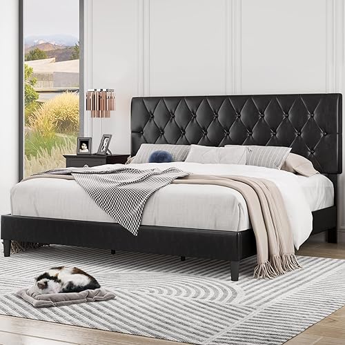 Miniatura 8 de Base de cama de plataforma tamaño Queen con cabecera capitonada ajustable con botones cama tapizada de piel sintética con soporte de listones de