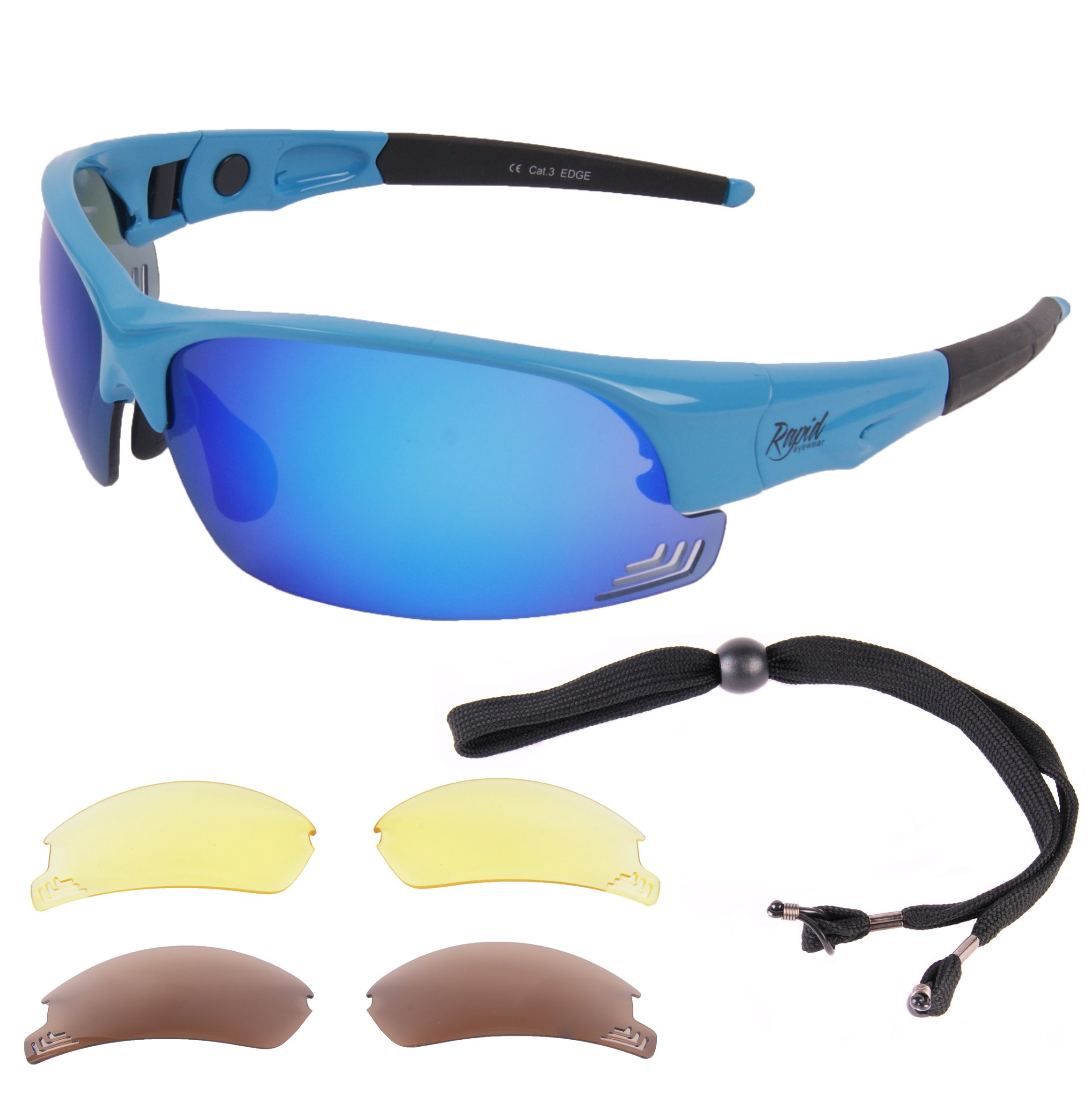 Szybkie okulary przeciwsłoneczne z krawędzią niebieskie dla mężczyzn, młodzieży i kobiet UV400 ochronne okulary przeciwsłoneczne do sportu wymienne przeciwodblaskowe lustro, soczewki polaryzacyjne i słabe światło. Okulary do jazdy, krykieta, żeglowania it