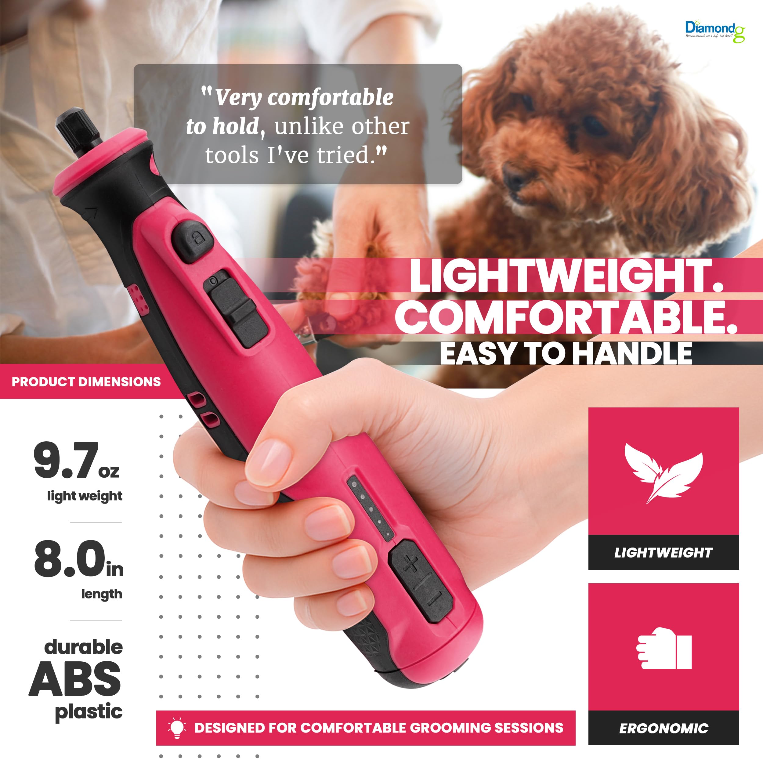 Diamondg Molinillo de uñas inalámbrico para perros con sonido silencioso y punta LED para perros grandes y pequeños, 4 horas de tiempo de funcionamiento, cortaúñas eléctrico para perros, herramienta