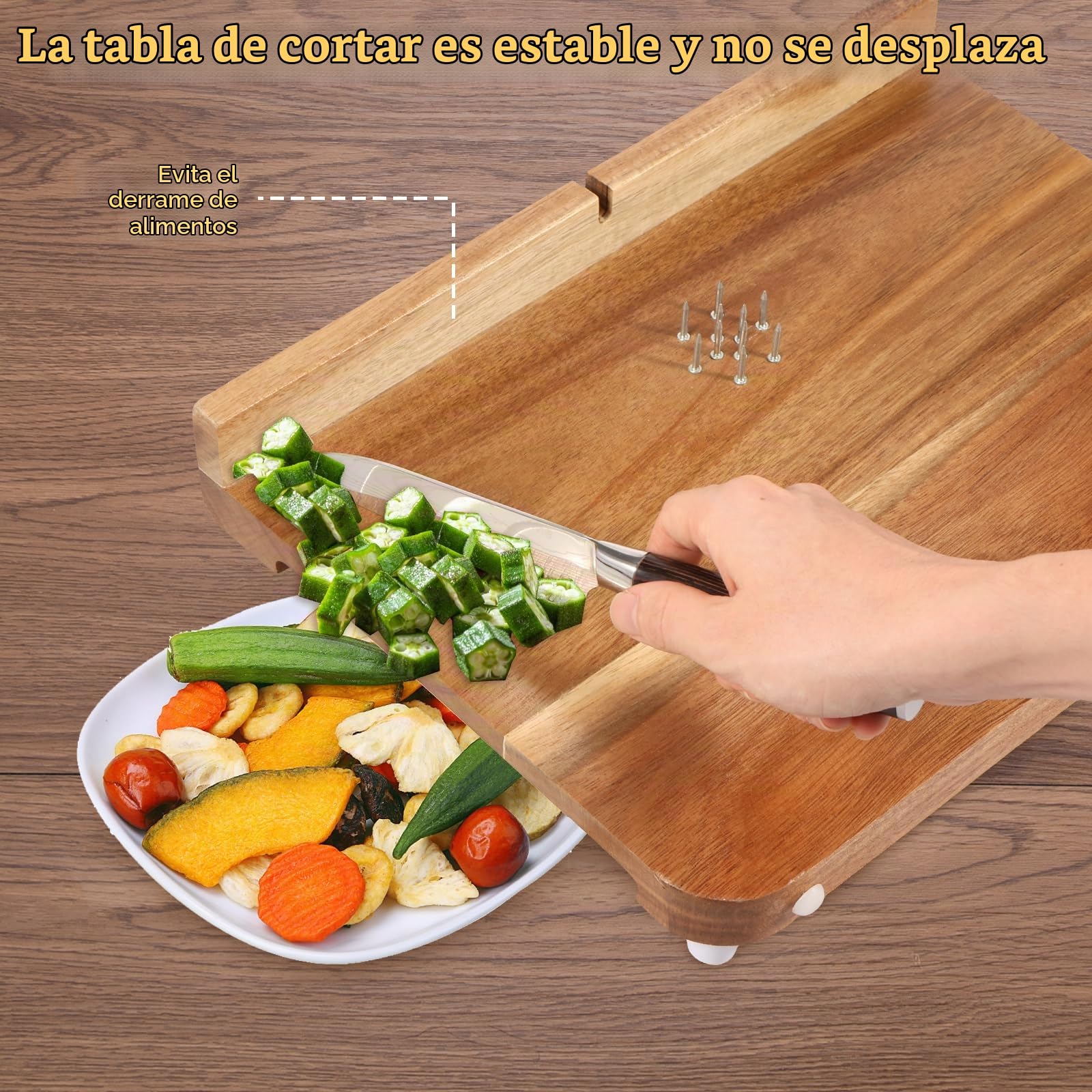 Tabla de cortar adaptativa de madera con pinchos, superficie lisa, tabla de cocina para discapacitados con fondo antideslizante para verduras, frutas y carnes