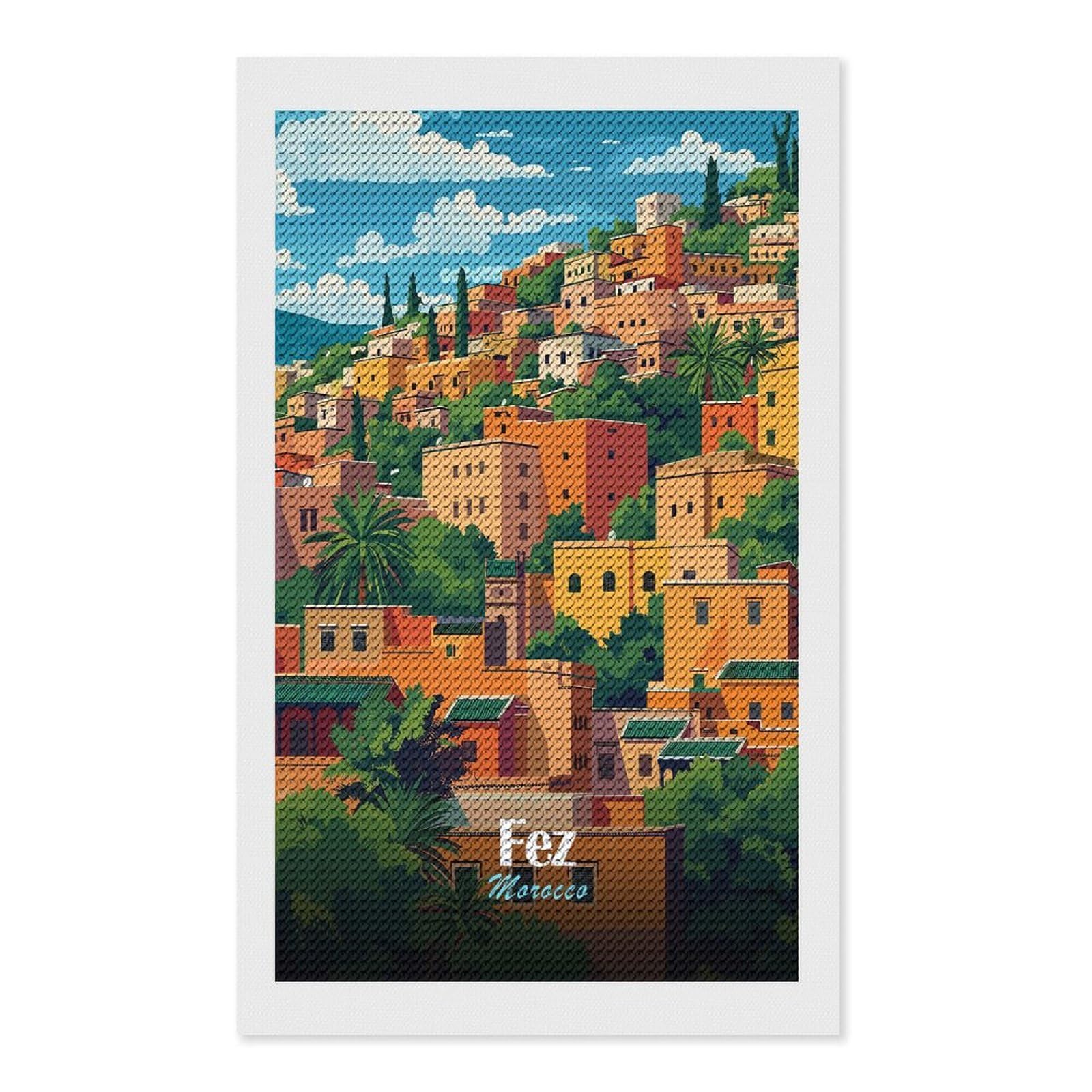 Junmoney Fez, Morocco Cityscape Illustration Diamond Painting Canvas Kit 12"x20", for Teens, Vintage Style Decor, Modern Decor, Home Wall Art, Festive Craft Gift