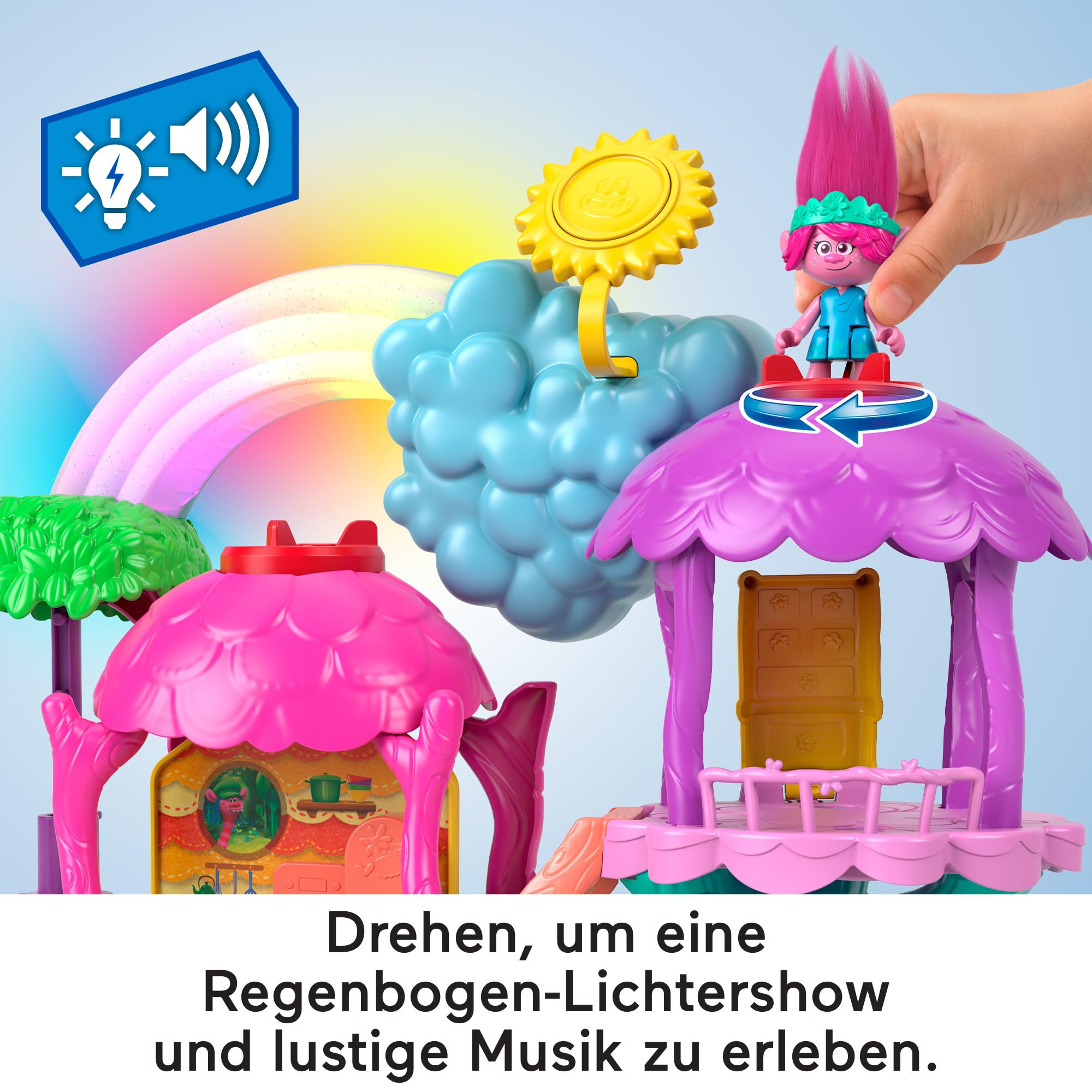 Fisher-Price IMAGINEXT DreamWorks Trolls Regenbogen-Baumhaus - Lichter, Geräusche, Spielbereiche, bewegliche Poppy-Figur, für Vorschulkinder ab 3 Jahren, HML49