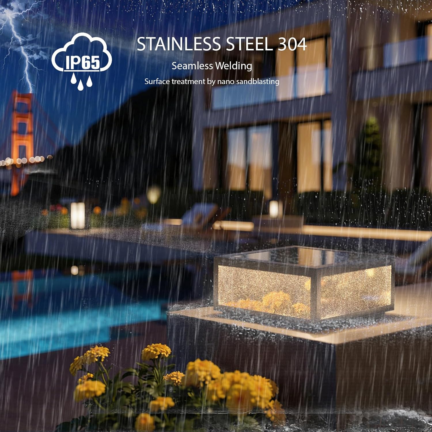 15" Outdoor Solar Pillar Light, 304 Stainless Steel Sandblasted Glass, IP66 Waterproof, Dual Independent Lighting (19.24Wh Solar LED + Hardwired E26), All-Night Lighting Post Column Lamp