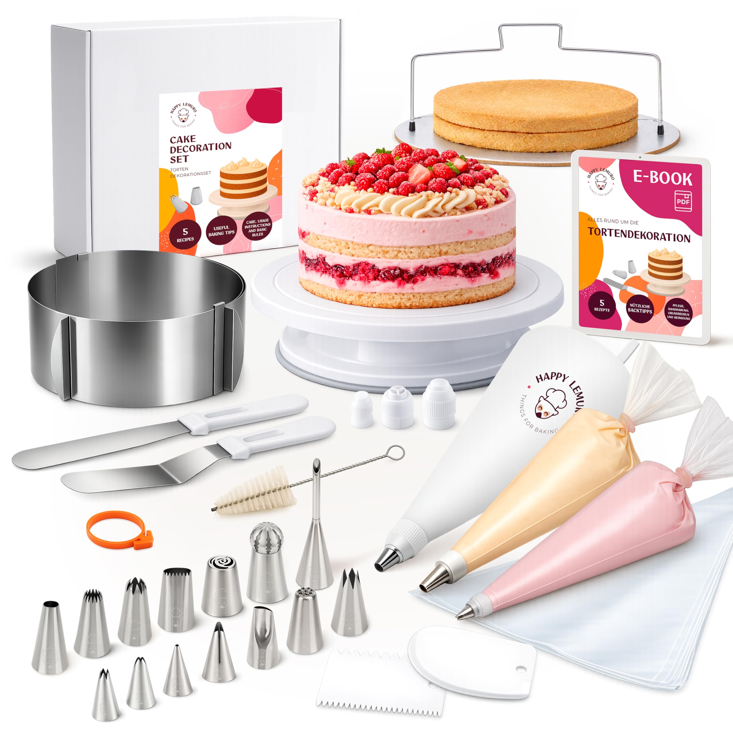 Torten Zubehör Set mit Premium-Spritztüllen & Spritzbeutel | Tortenring, drehbare Tortenplatte, Tortenschneider & vielseitiges Backzubehör – Kuchen Zubehör Set für Teenager & Erwachsene