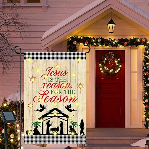 Miniatura 6 de Ganeen Bandera de Navidad para jardín, banderas de Navidad para jardín, banderas solares de invierno con luz LED de doble cara, decoraciones de