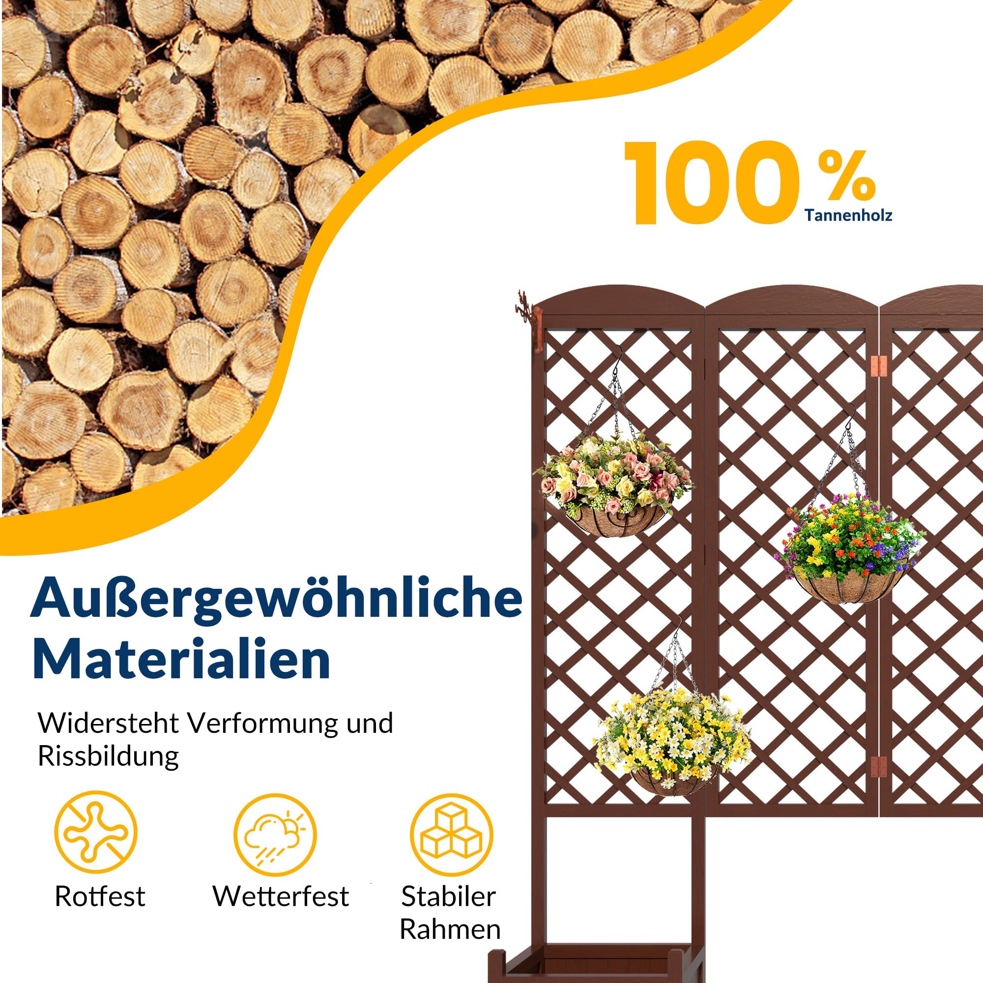 Cassetta da Giardino con Griglia Rampicante, Aiuola Rialzata Impermeabile in Legno di Abete 160x40,6x183cm, Schermo Privacy con Drenaggio per Piante Rampicanti, Frutta, Verdura(Confezione da 2 pezzi)