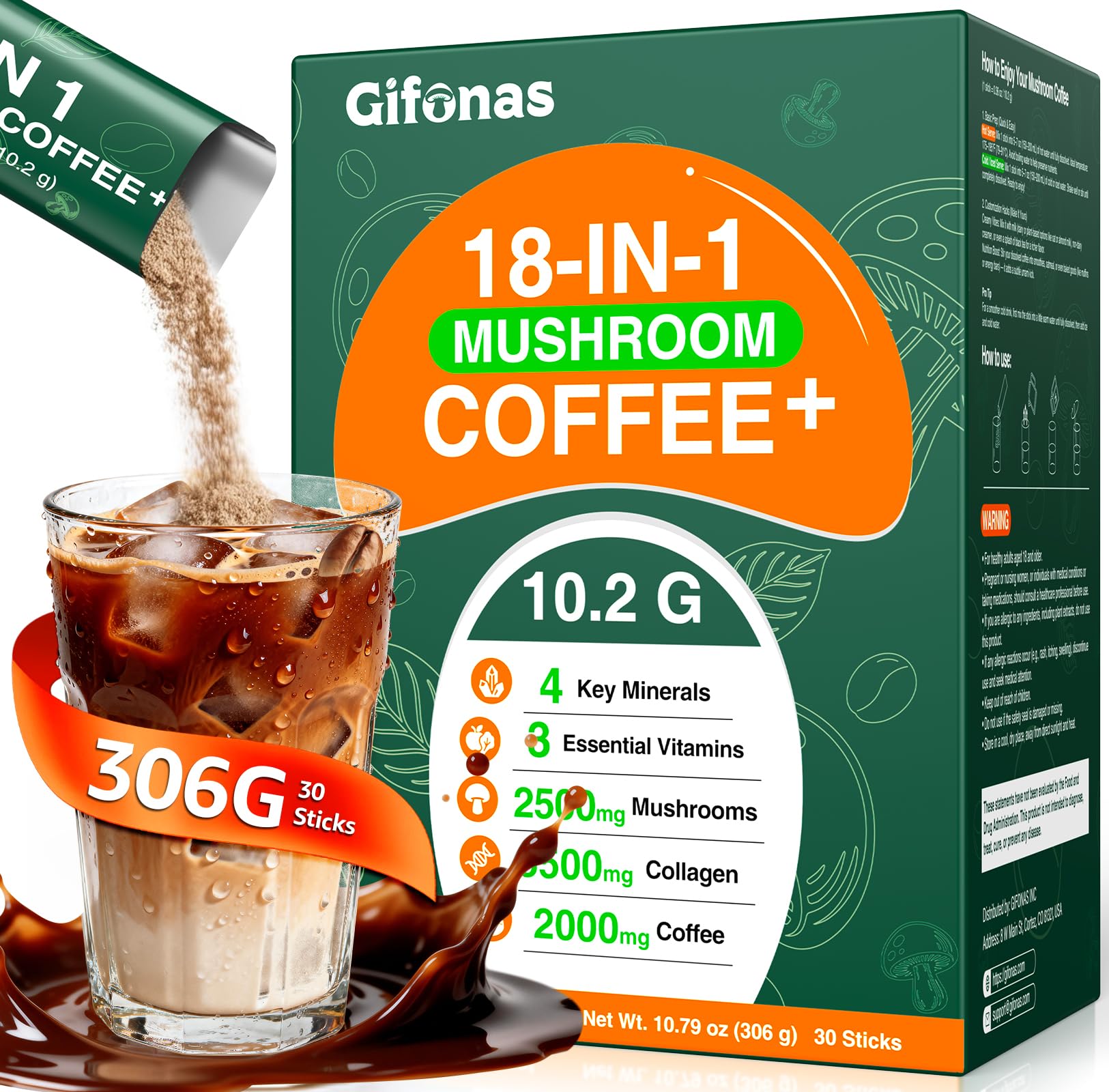 Mushroom Coffee with 5500mg Collagen Peptides, 6 Adaptogenic Mushrooms, L-Theanine, MCT Oil, Vitamins & Minerals, Organic Instant Coffee for Energy, Focus, Skin, Immune & Gut Support, 30 Sticks 10.79 Ounce (Pack of 1)