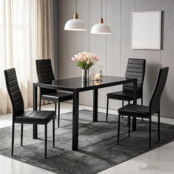PU Leather Dining Chairs Set of 4, Modern Kitchen Chairs with High Backrest, Horizontal Stitching Upholstered Side Chair with Round Tube Metal Legs for Dining Room, Black