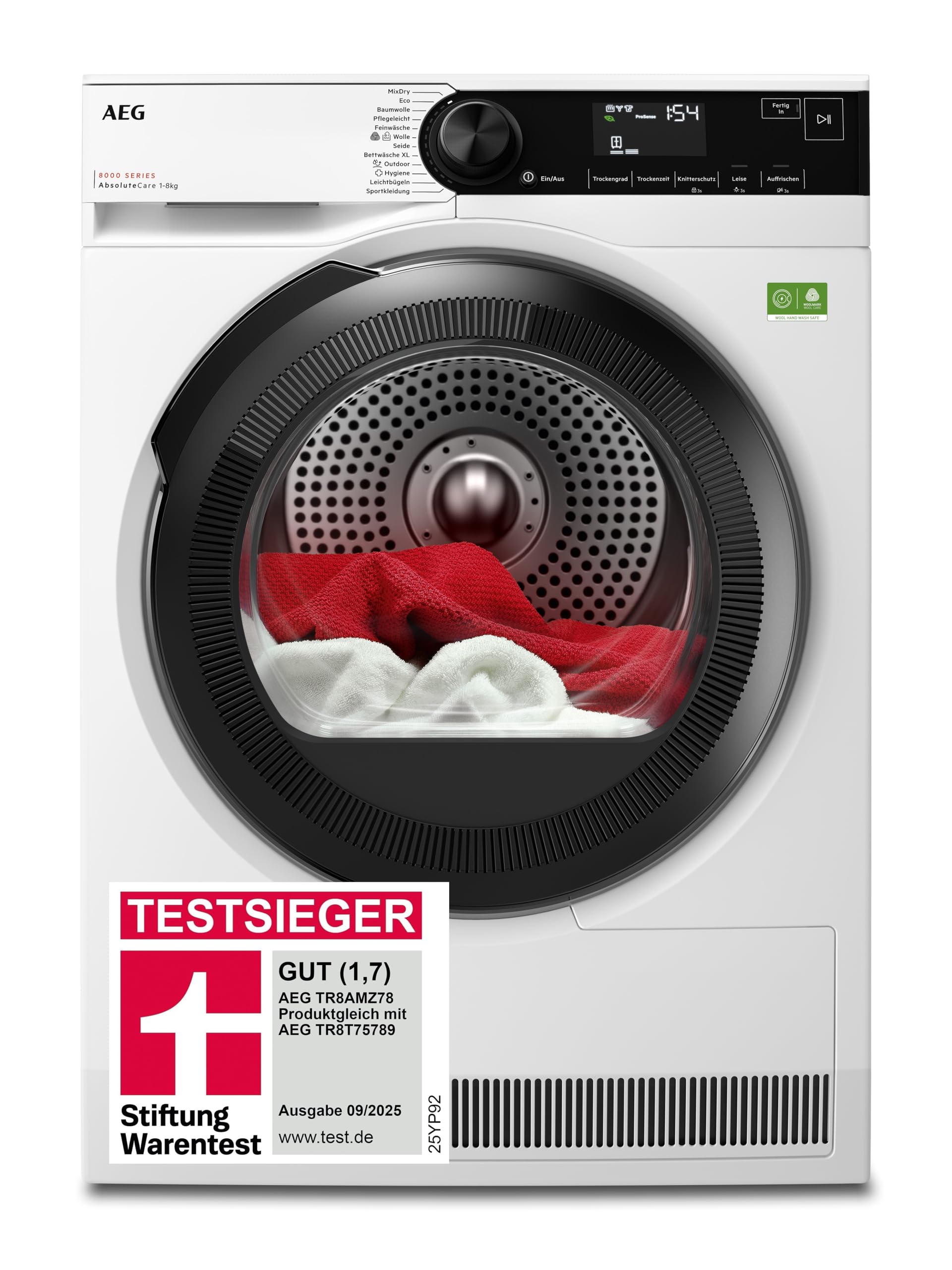 AEG Wärmepumpentrockner 8kg, Testsieger der Stiftung Warentest 2025, neue Energiekl. B, Serie 8000 AbsoluteCare Wolle- & Seidetrocknung, Reversierautomatik für Knitterschutz, Innenbeleuchtung TR8AMZ78
