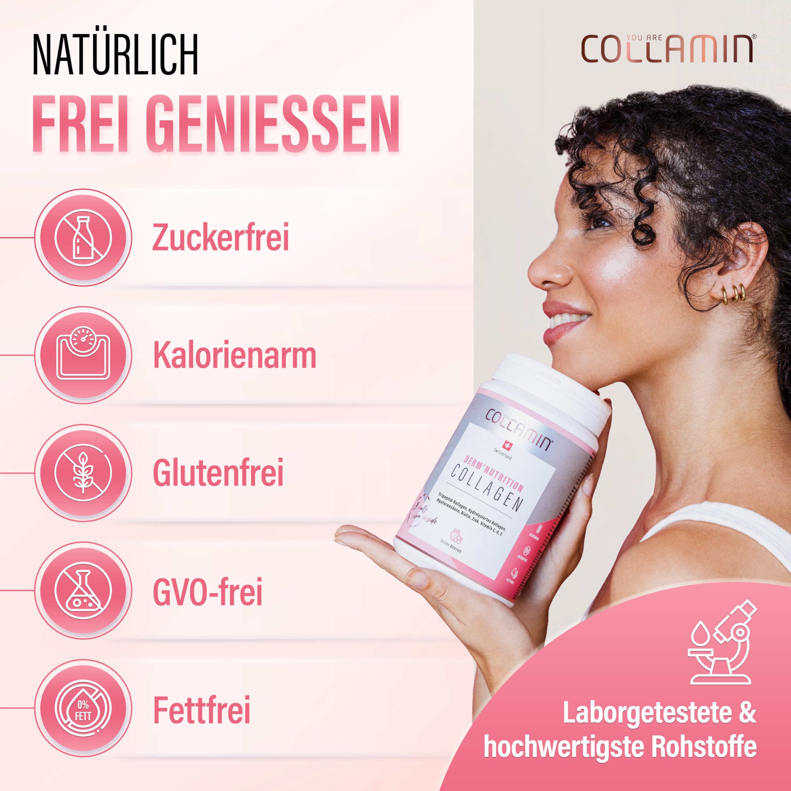 Derm'Nutrition Collagen Pulver - 480g I Tripeptid-Kollagen Pulver mit Vitamin C & Hyaluron I Kollagen Pulver (Rind) mit Beeren Aroma I Hydrolysiertes Kollagen - Made in Switzerland