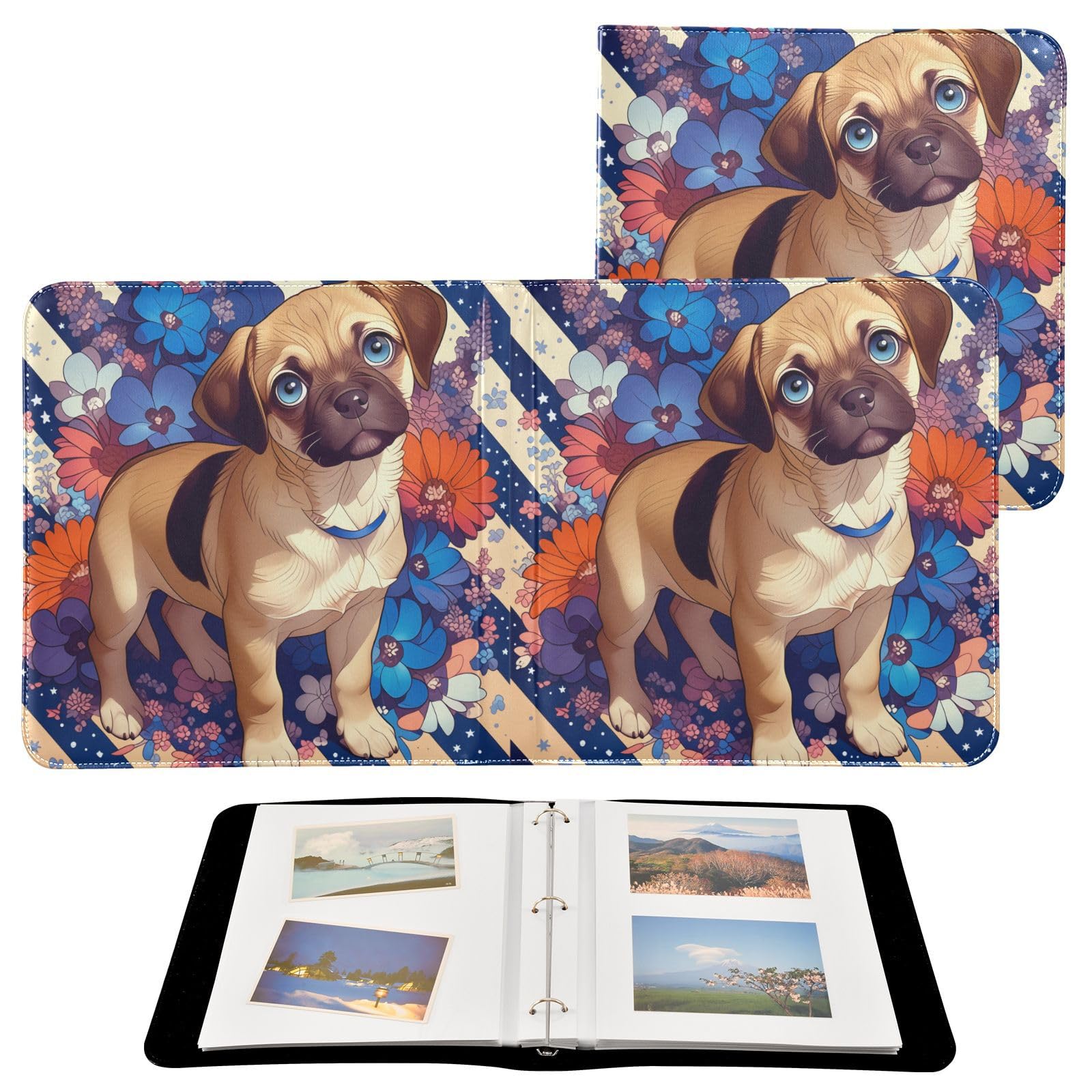 Kigai Cute Dogs Photo Album Self Adhesive Scrapbook Album Leather Cover DIY Picture Scrap Book with 20 Adhesive Sheets, 11.8x24x0.8 inch
