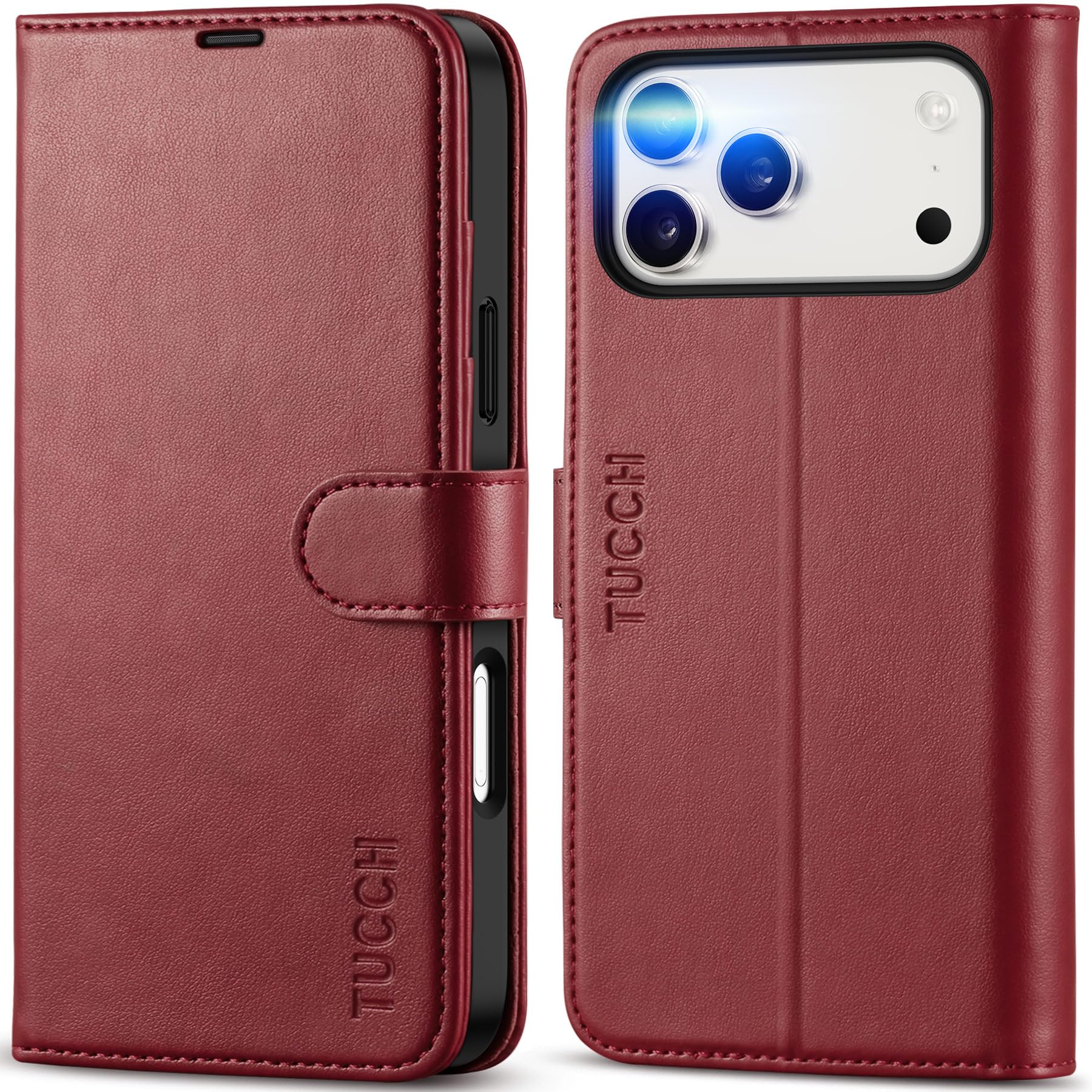 TUCCH Funda para iPhone 17 Pro MAX 6,9-Pulgadas 5G 2025 Bloqueo RFID Cartera | Funda Cuero PU Cáscara TPU A Prueba de Golpes Ranura Tarjeta Soporte Plegable Cover Libro Cierre Magnético, Rojo Oscuro