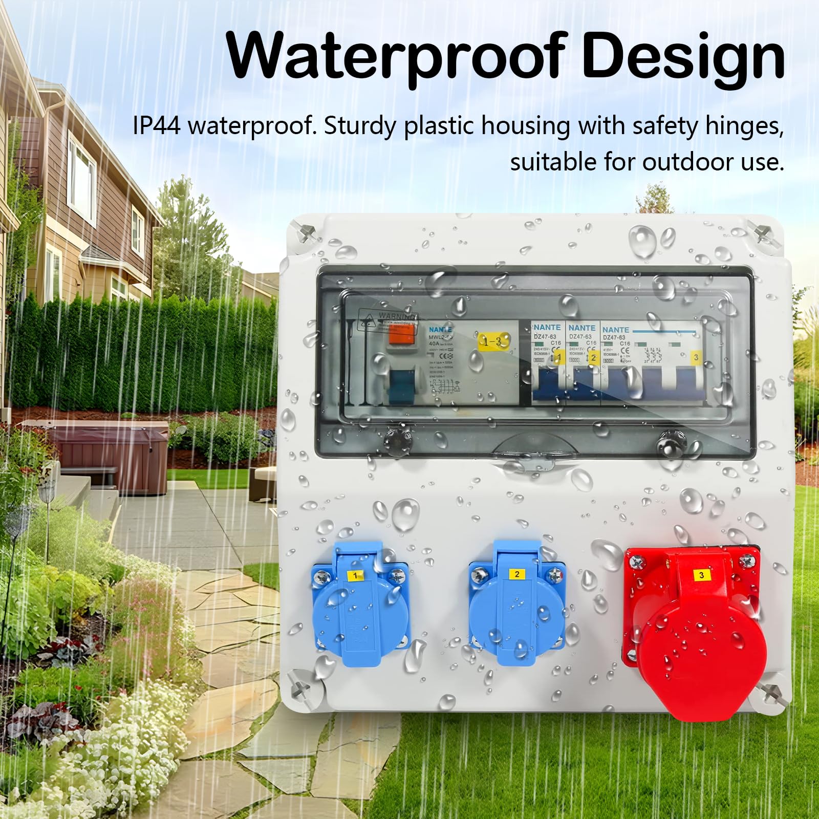 Caja Distribución Montada Superficie, Caja Fusibles Superficie Armario Distribución Ip65 con LS+FI Distribuidor de Corriente CEE 1 x 16 A + 2x 230 V con Tapa de Seguridad para Talleres y Fábricas