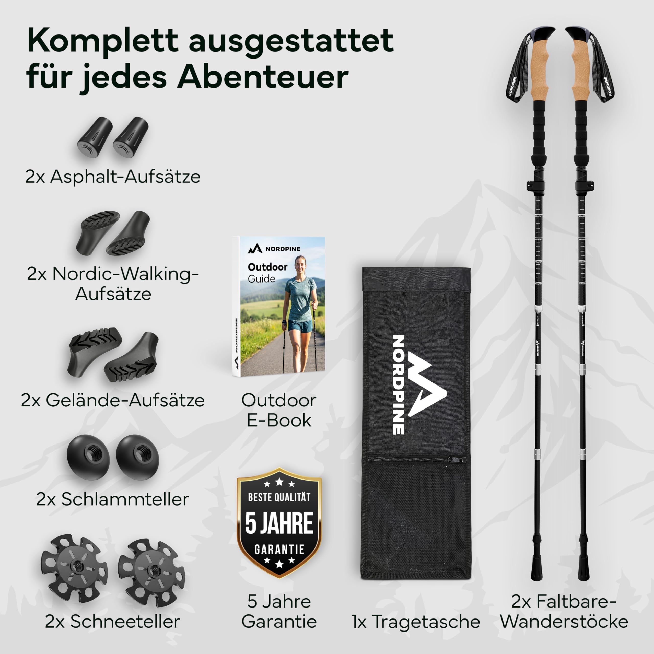 Wanderstöcke faltbar - Carbon & Aluminium für Damen & Herren - Ultraleichte Trekkingstöcke mit Korkgriff & Wolframspitze - Nordic Walking Stöcke mit Gummipuffer - Trekkingstöcke faltbar