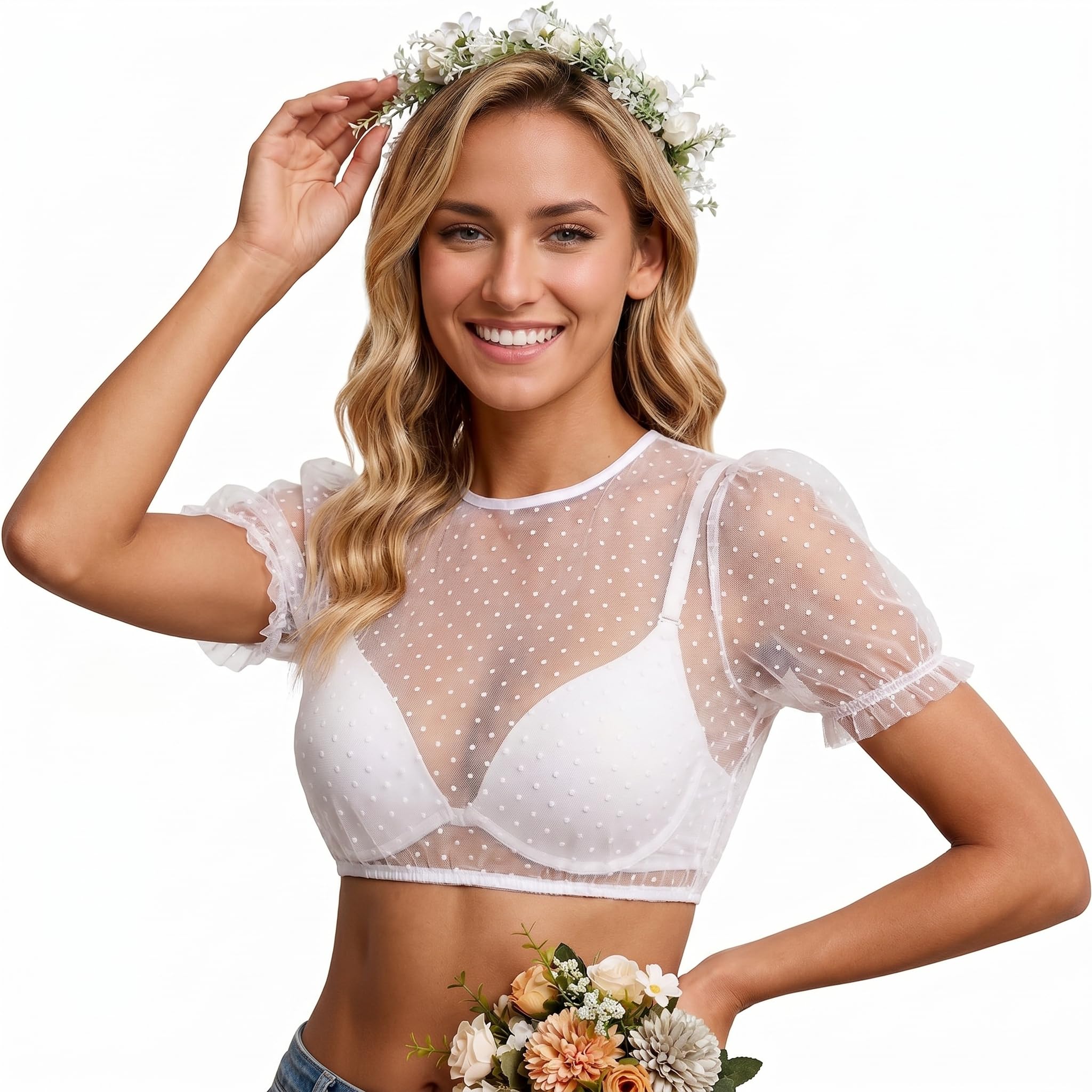 Dirndlbluse Damen Langarm Transparent mit Punkten, Trachtenbluse mit Puffärmeln, Perfekt für Oktoberfest und bayerische Festanlässe