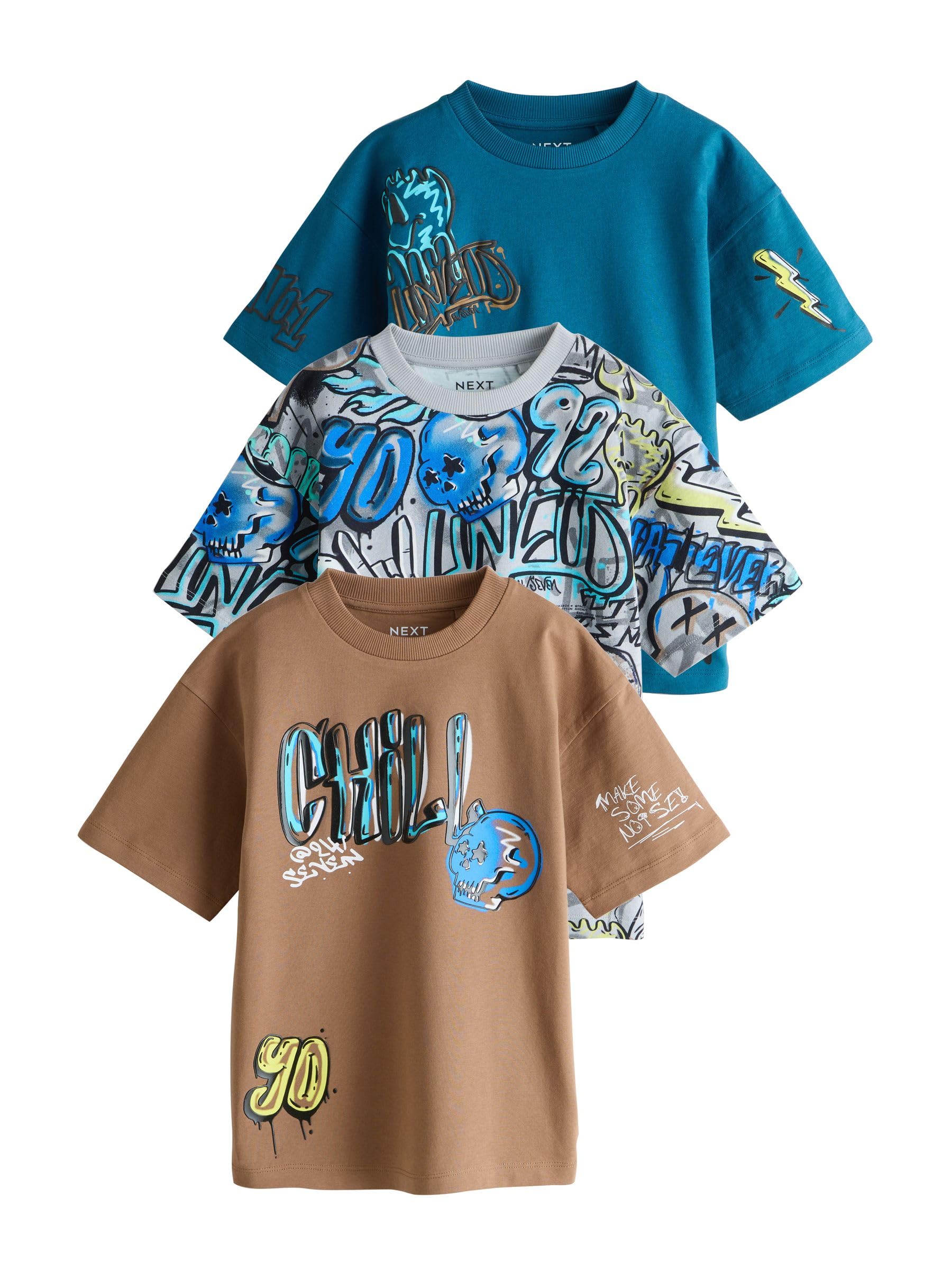 NEXT Garçon T-Shirt décontracté à Manches Courtes et imprimé, Lot de 3 | Coupe standard, 100 % coton