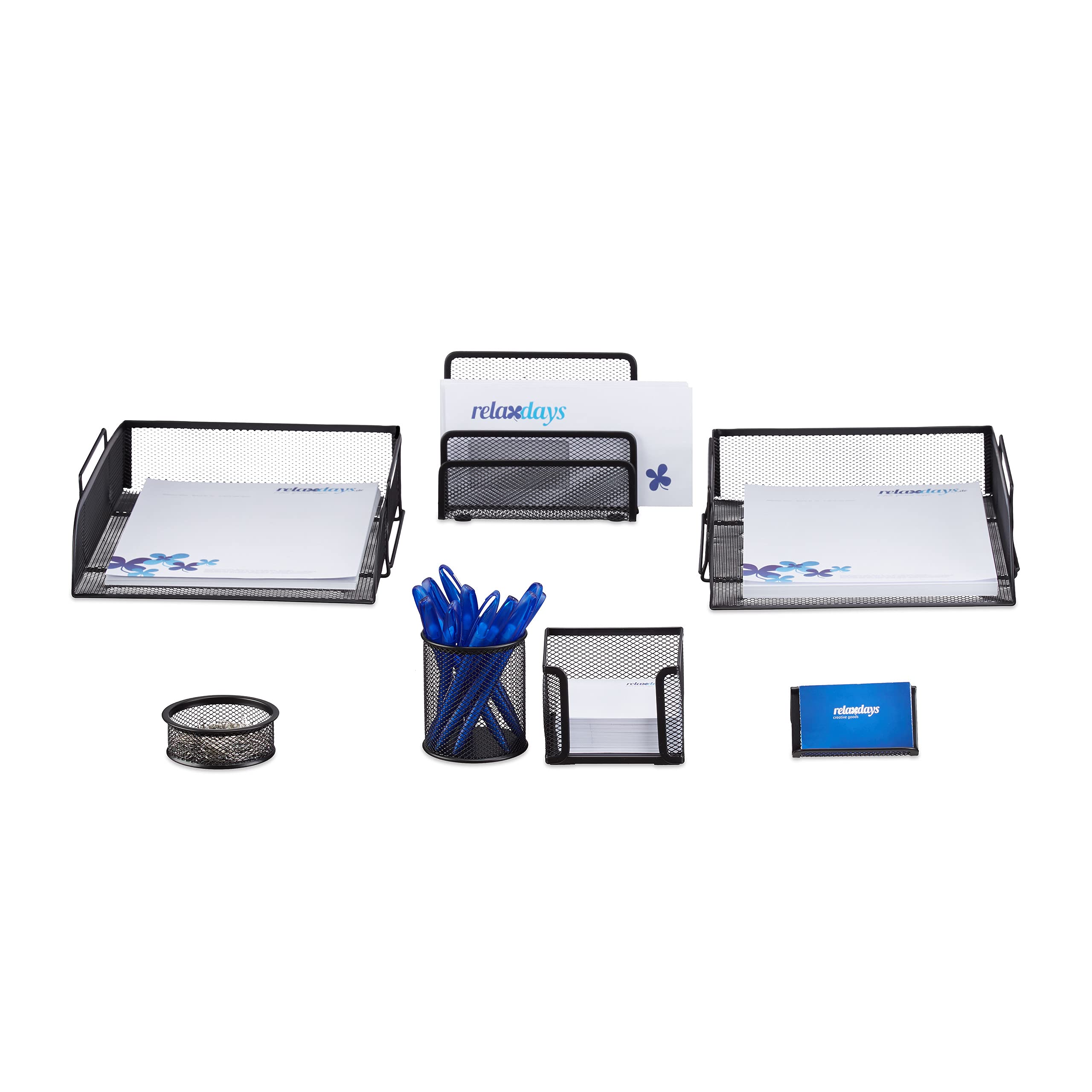 Relaxdays Set 7 fournitures de bureau pot punaises pot crayon bloc notes cartes de visite courrier métal surfaces, noir