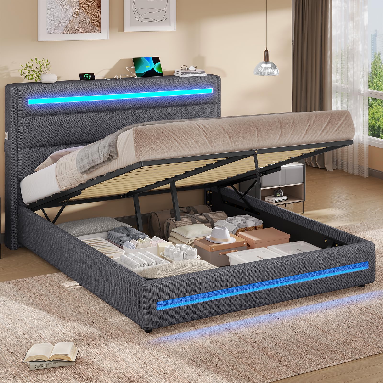 KIMENICH Bett 140X200 mit LED-Beleuchtung, Hydraulisches Bett 140x200 cm, Polsterbett Doppelbett, Bettgestell mit Stauraum und Lattenrost, Schlafzimmer, Leinenstoff Grau