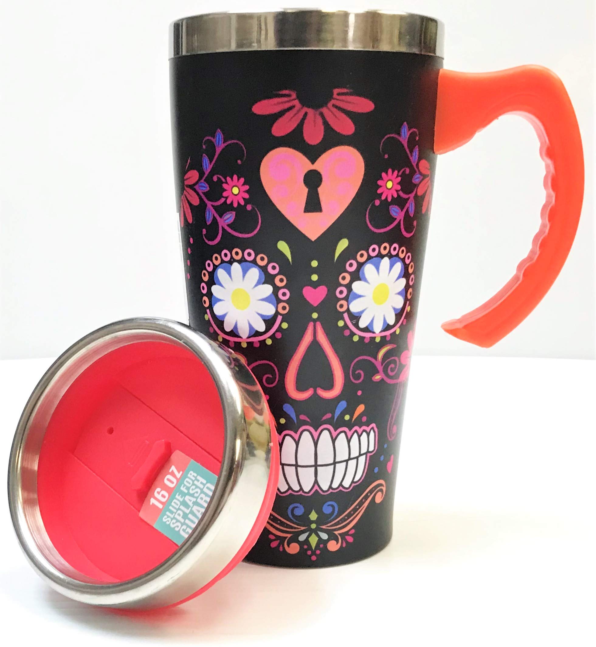 Eclipse 16oz 100% Stainless Steel Temperature Retention Travel Mug Cup w/Handle, Assorted Designs, Choose Your Style! (BLACK CANDY SKULL)