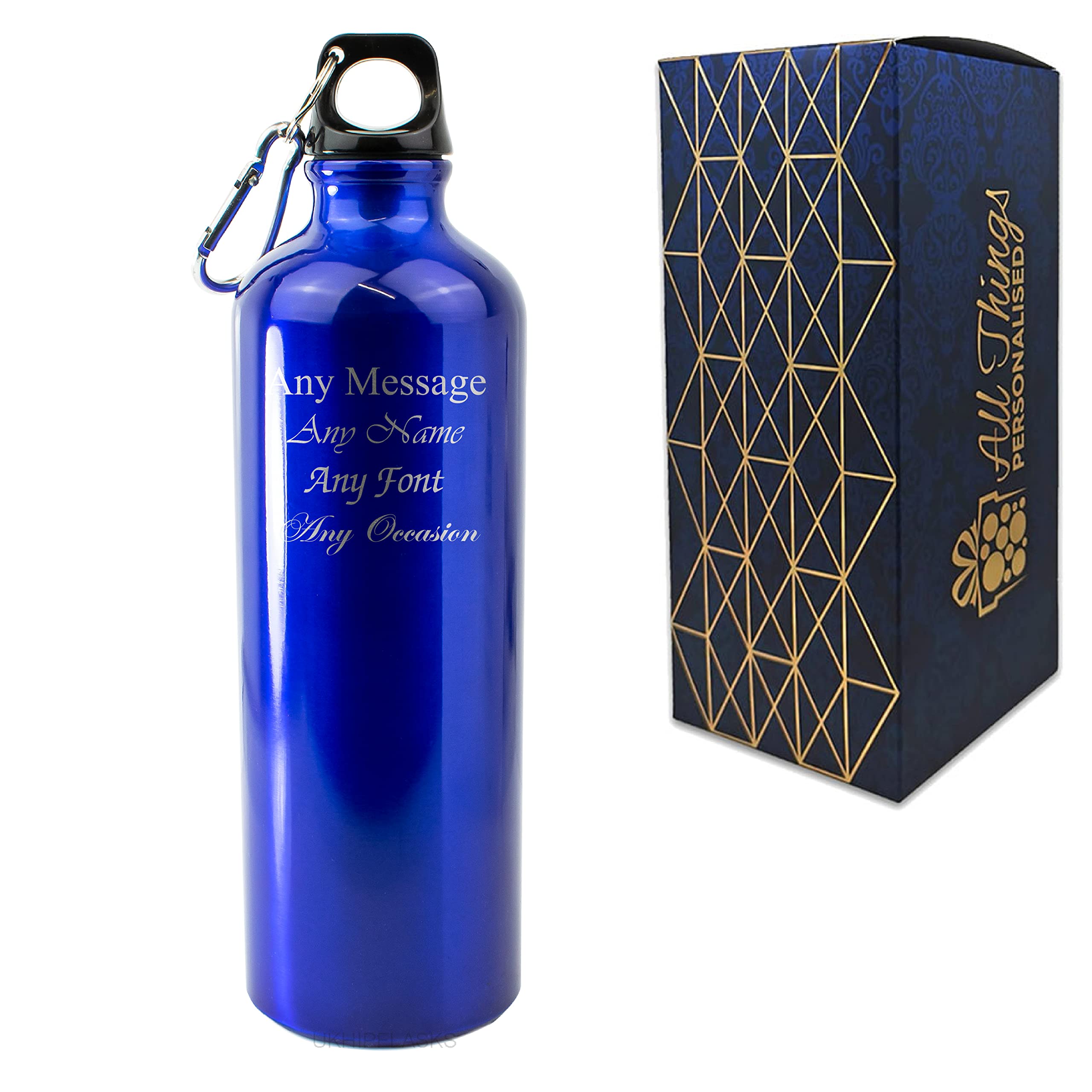 Personalised Engraved 750ml Blue Gloss Painted Aluminium Sports Bottle with Any message. Sturdy screw lid with clip attachment. Comes with presentation box.