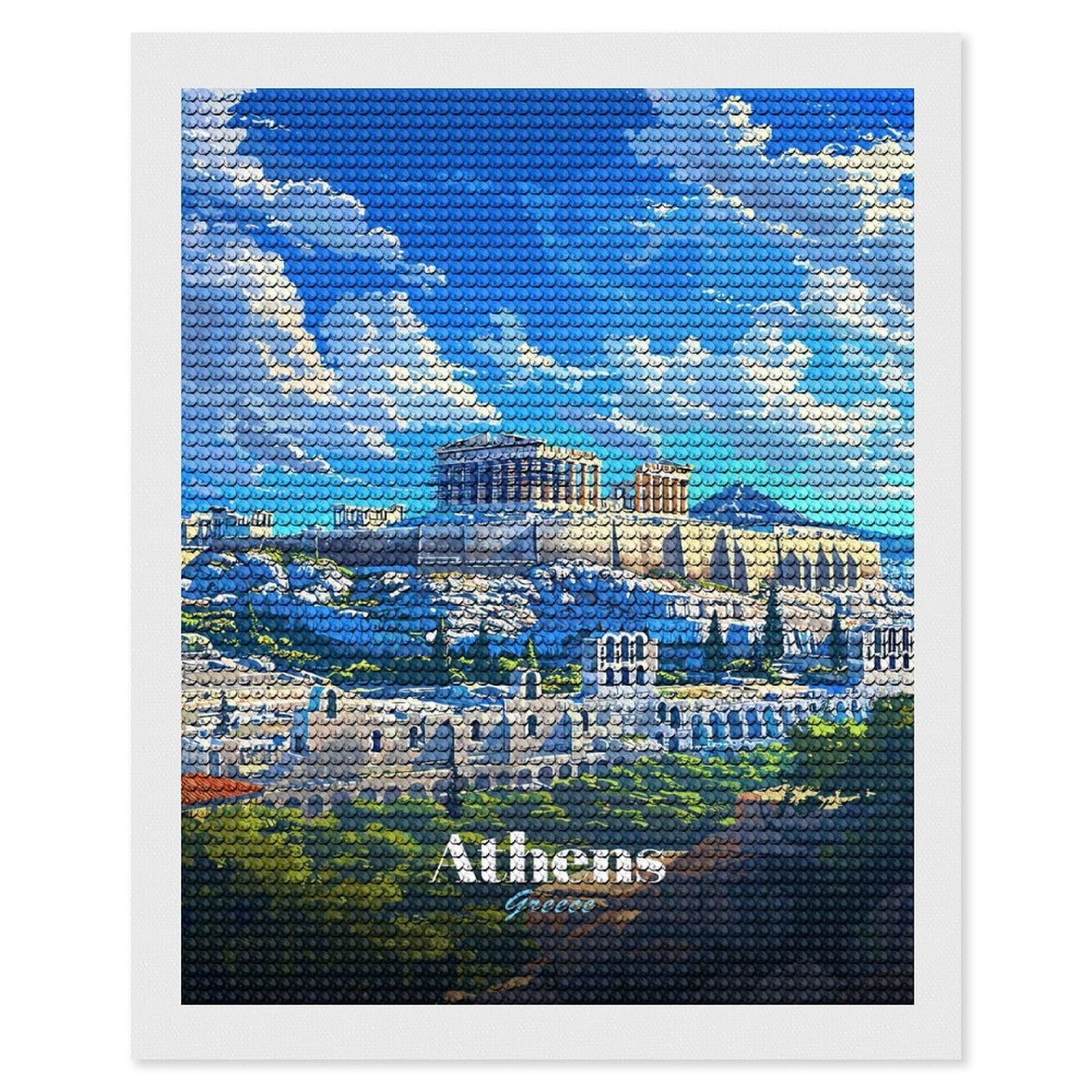 Junmoney Athens, Greece Illustrated Cityscape Diamond Painting Kit 16"x20", Easy Handmade Project, Easy to Enjoy, Aesthetic Room Decor, Christmas Gift