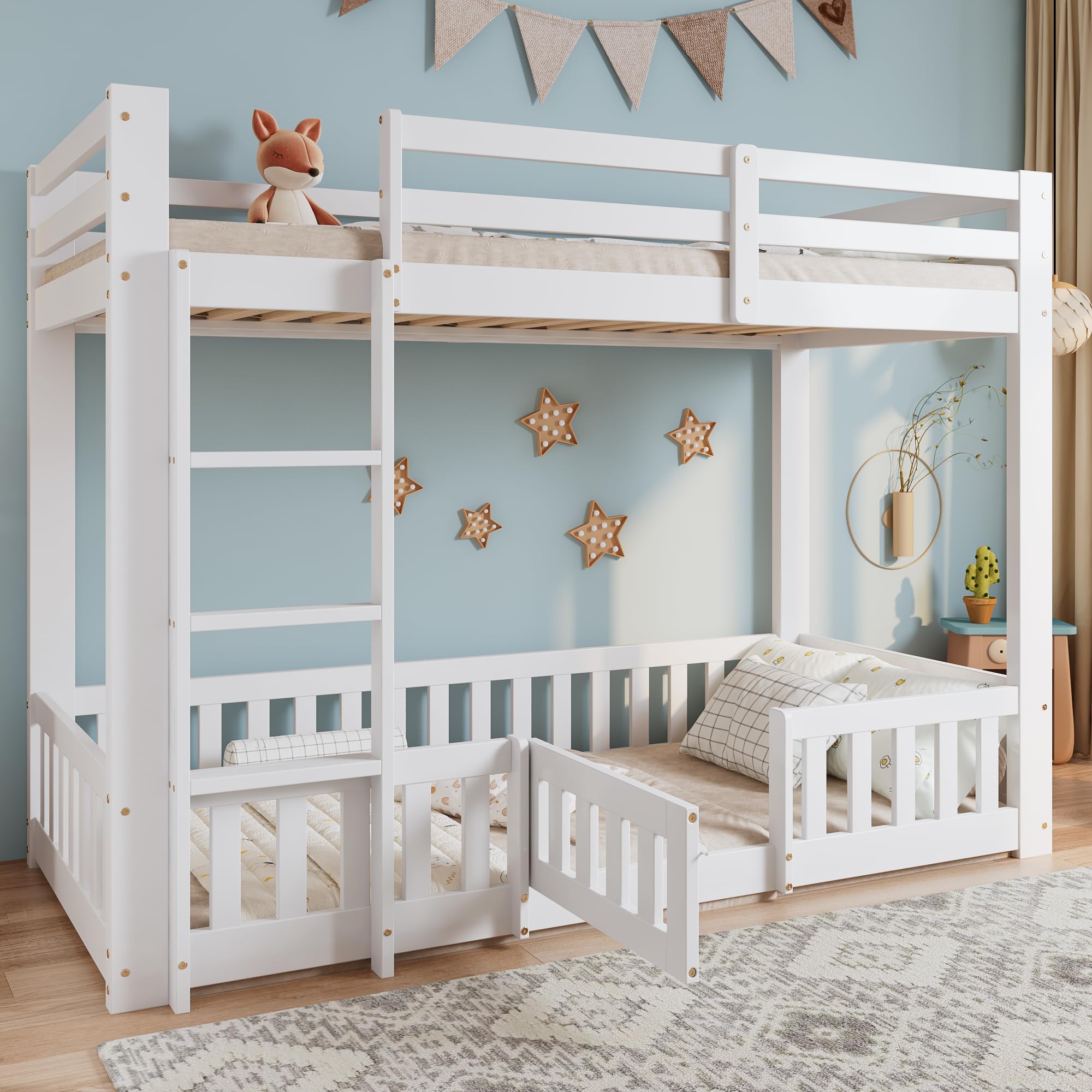 3FT Bunk Bed for Kids, Bed with Fences and Door, Children's Bed with Fall Protection and Railings, Solid Wood, Suitable for Kids Boys Girls, White (190x90cm)