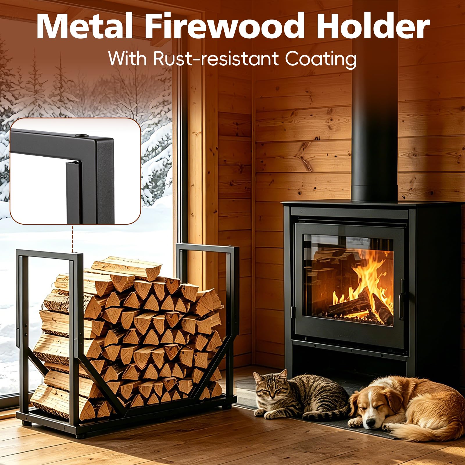 Holzstapelgestell für Außen und Innen, Schwerlast-Metall-Holzhalter für Kamin, stabiles Lagerregal für Holzscheite, rostfreies Holzregal, schwarzer Holzlager-Organizer