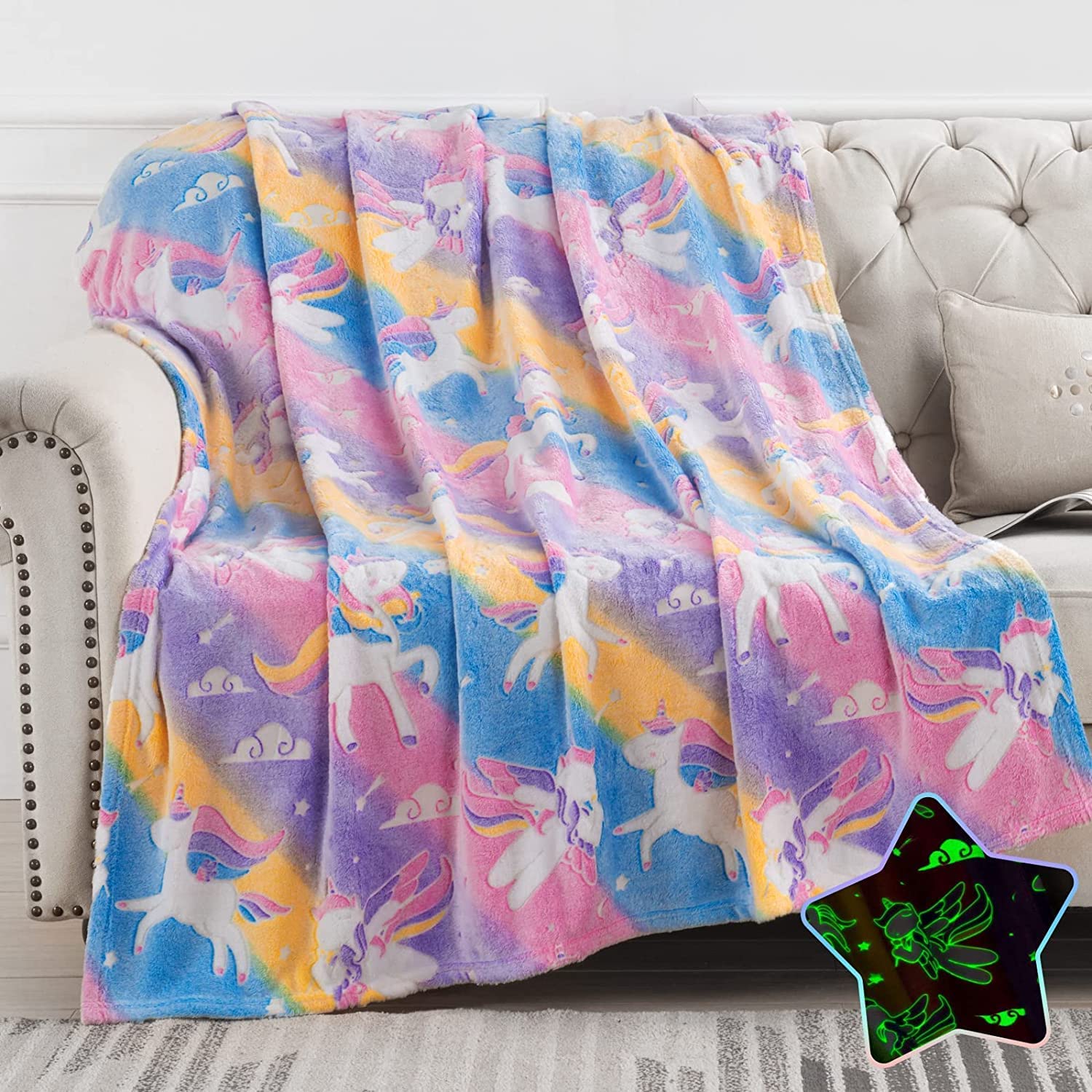 Happy Hues Unicorn Glow in The Dark Blanket-200 x 150 cm- Super Soft Fluffy Flannel Fleece All Season Blanket for Babies-Toddlers-Kids & Teens Boys & Girls- Best Gifting Ideas for 0-15 Years- Mix-image-41